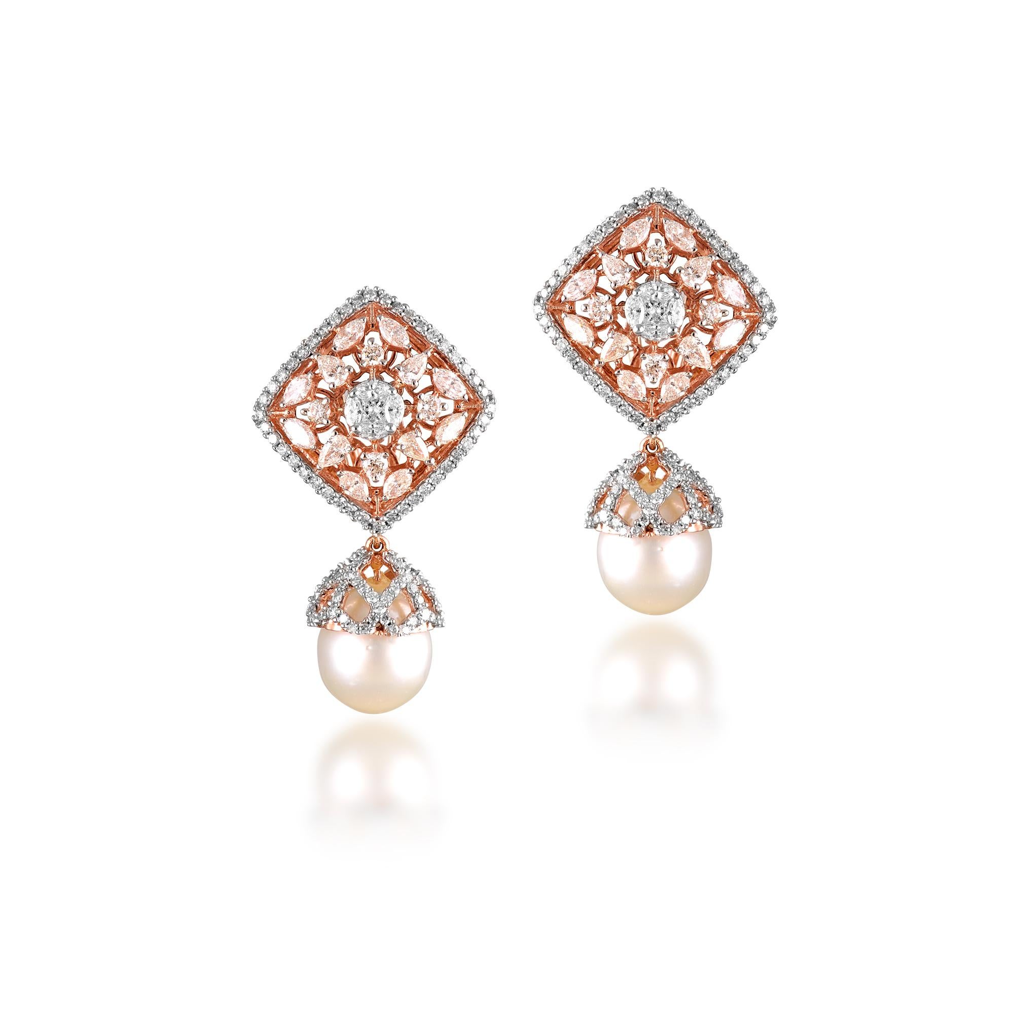 Mixed Cut 18 Karat Rose Gold Pearl White Diamond Stud Earring For Sale