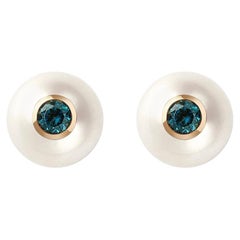 18 Karat Rose Gold, Pearls and Blue Topaz Pair of Stud Earrings
