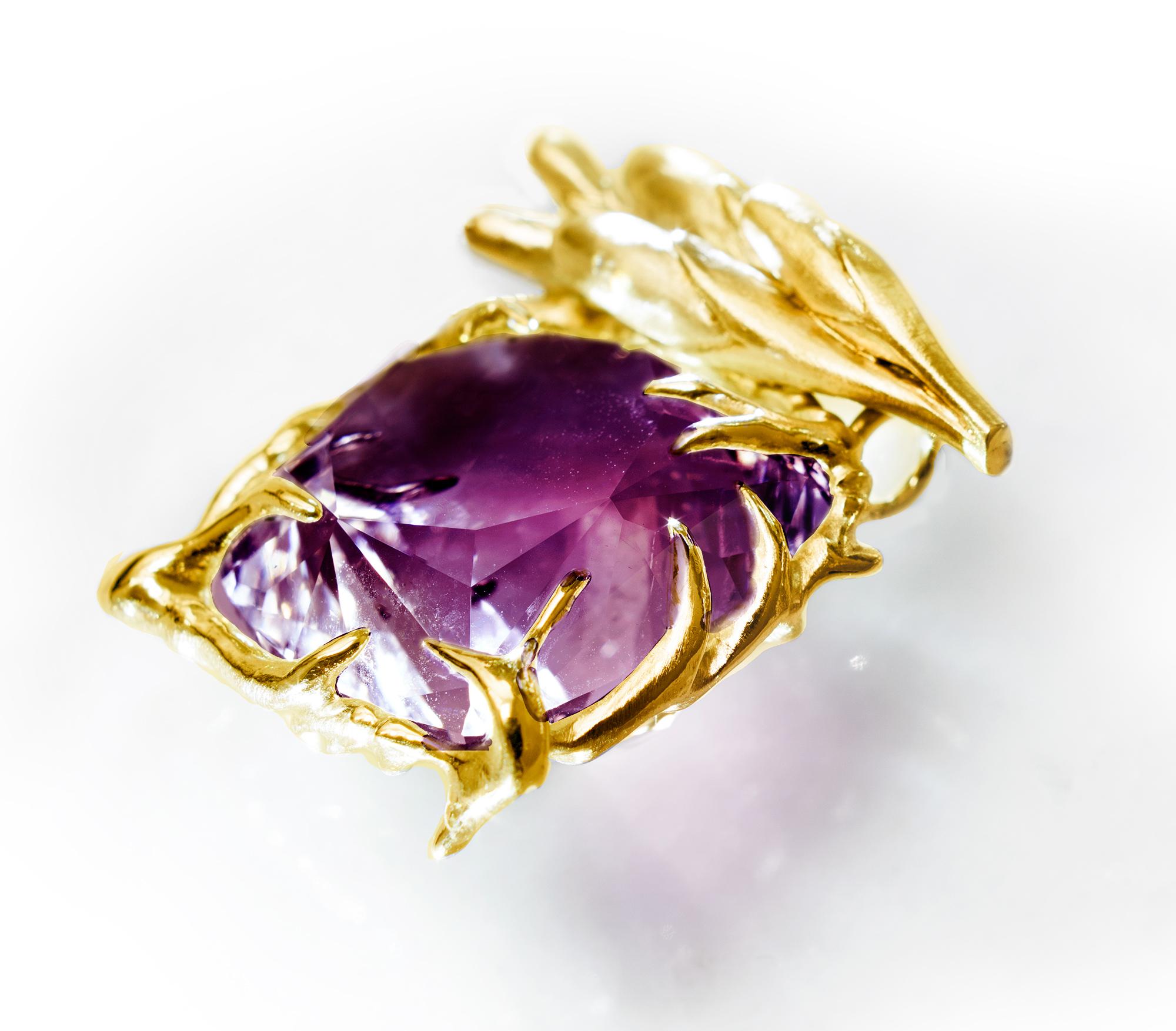 Eighteen Karat Rose Gold Pendant Necklace by Artist with Amethyst and Diamonds For Sale 2