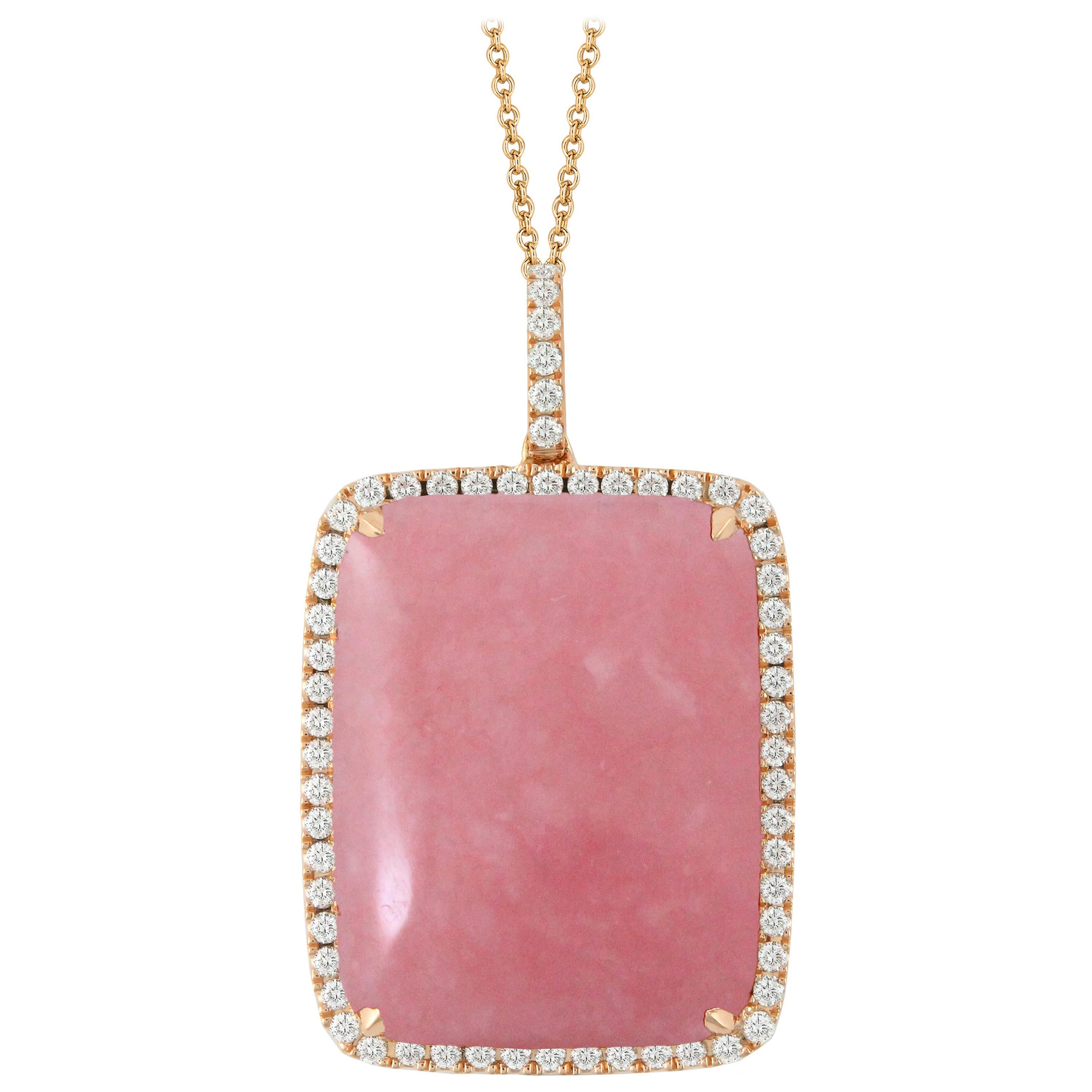 18 Karat Rose Gold Pendant Necklace with Cabochon Pink Opal and Diamonds at 1stDibs