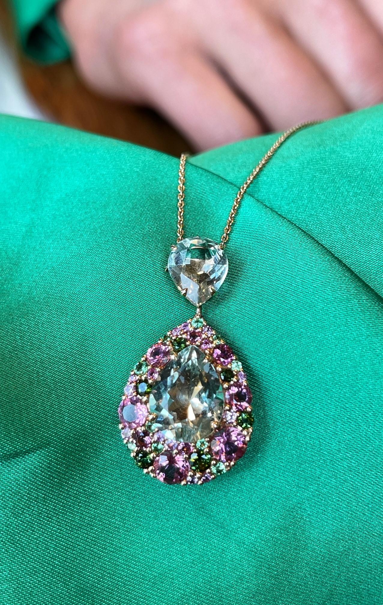 Pear Cut 18 Karat Rose Gold Pendant Pear Shaped Multi Gems Pink and Green Colours For Sale