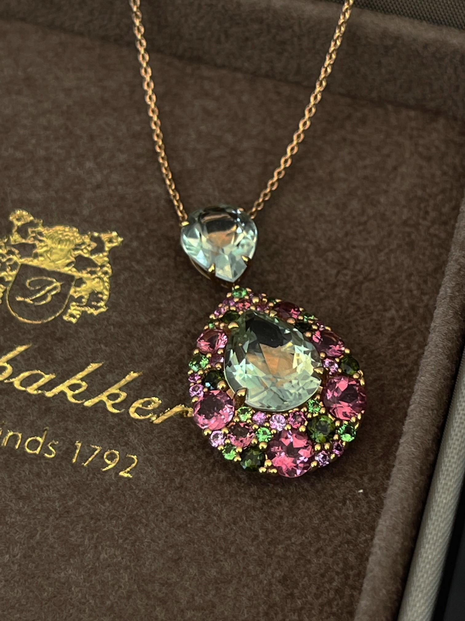 18 Karat Rose Gold Pendant Pear Shaped Multi Gems Pink and Green Colours In New Condition For Sale In Amsterdam, NL