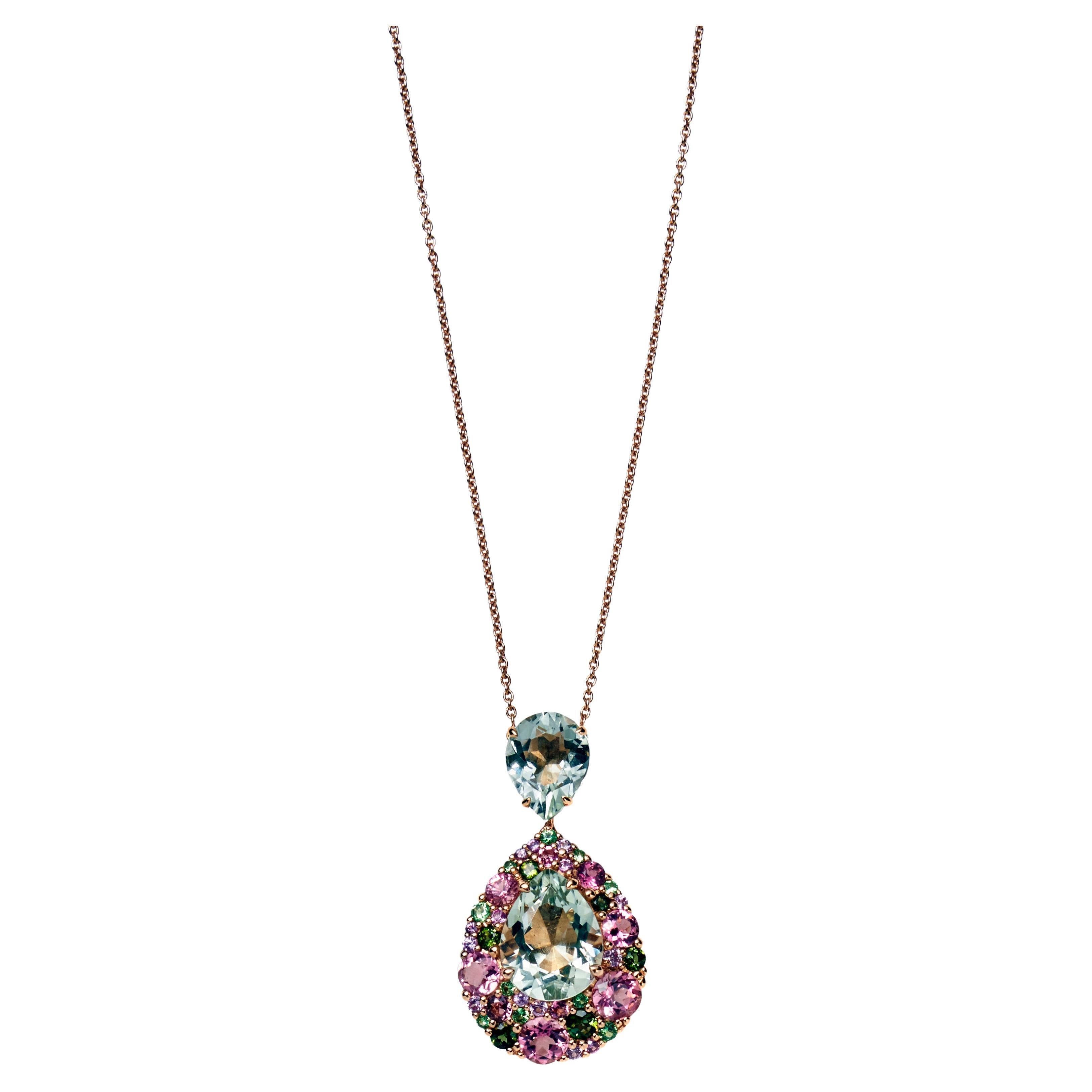 18 Karat Rose Gold Pendant Pear Shaped Multi Gems Pink and Green Colours For Sale