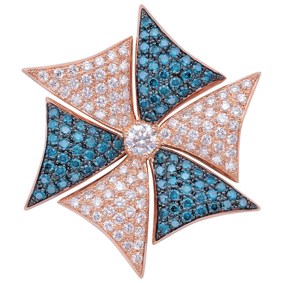 18 Karat Rose Gold Pendant with Brilliant Cut White and Blue Diamonds For Sale
