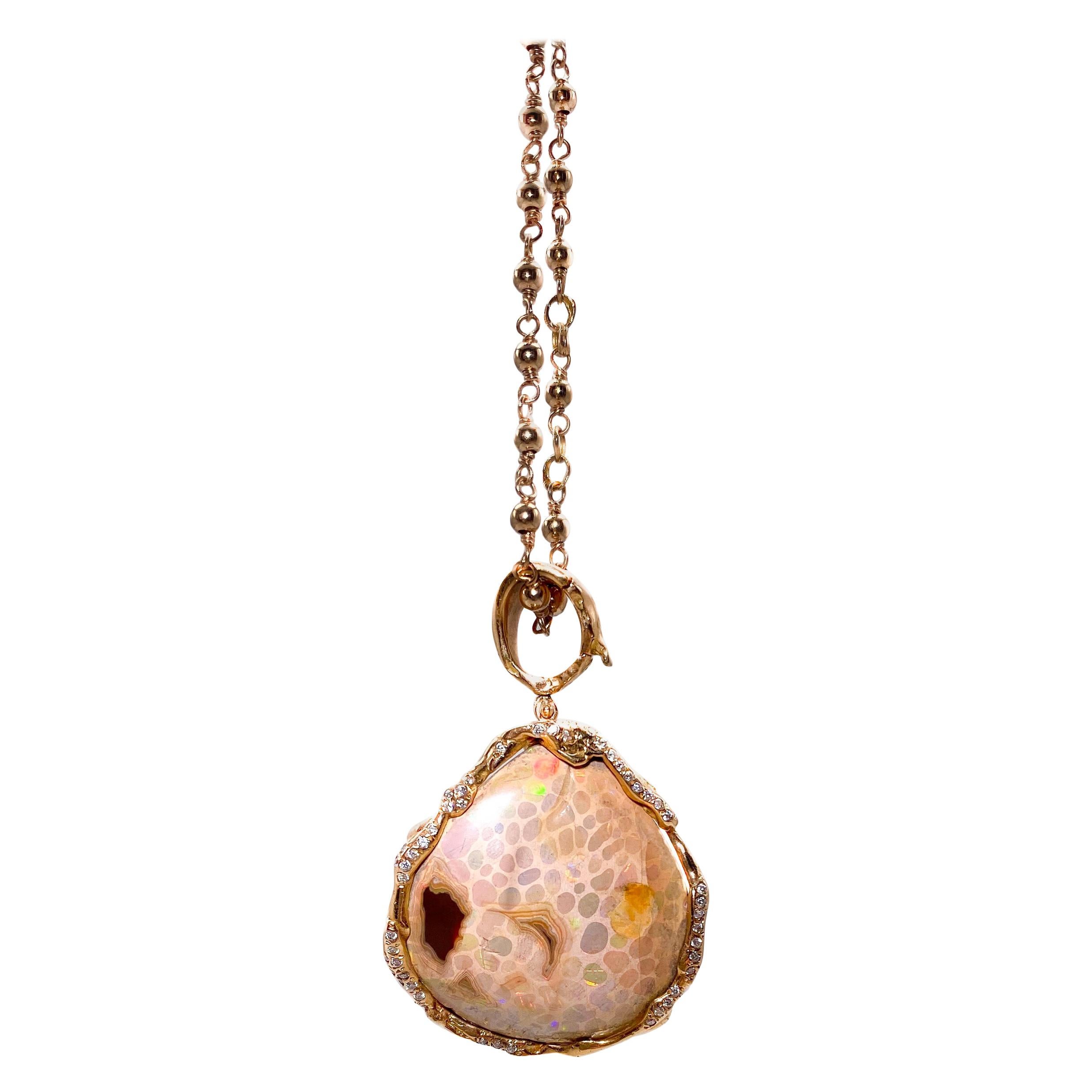 18 Karat Rose Gold Pendant with Ethiopian Opal and Diamonds For Sale