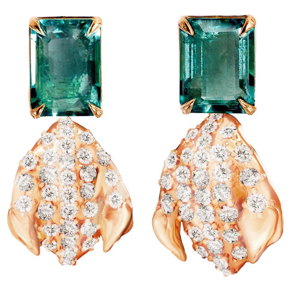 Rose Gold Peony Petal Stud Earrings with Diamonds and Emeralds For Sale