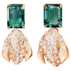 Used Rose Gold Peony Petal Stud Earrings with Diamonds and Emeralds