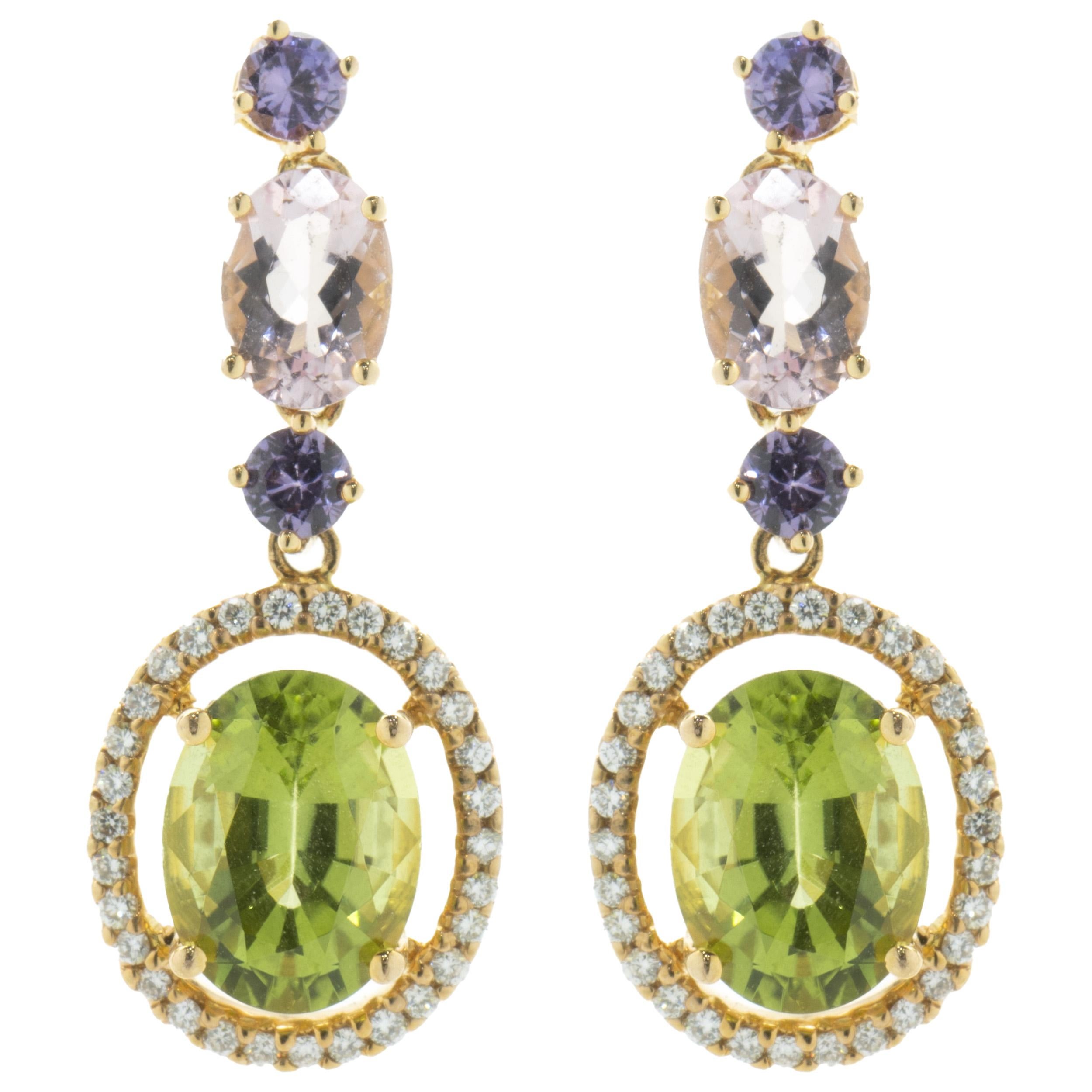 18 Karat Rose Gold Peridot, Morganite, Sapphire & Diamond Oval Drop Earrings