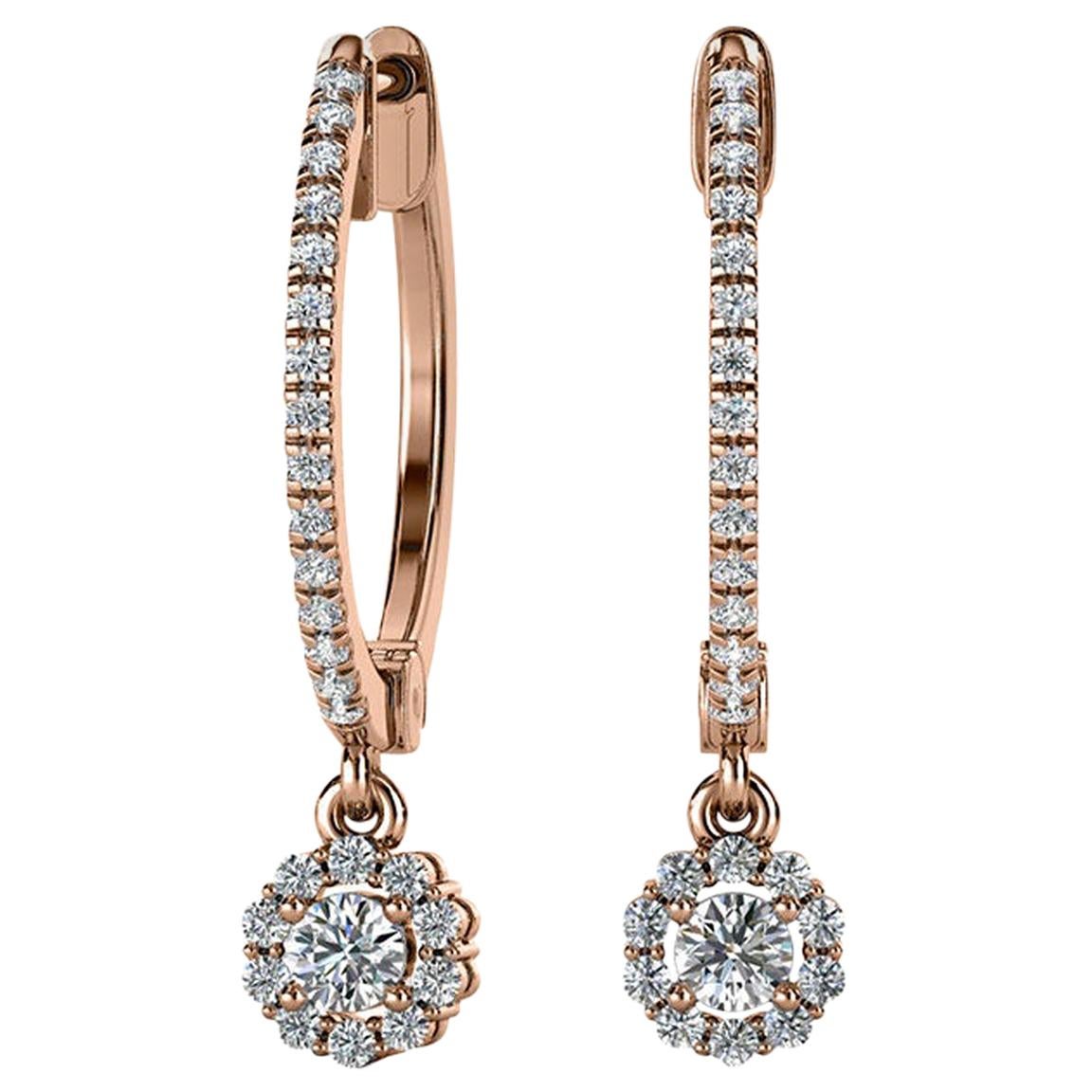 18 Karat Rose Gold Petite Dangling Halo Diamond Earrings '1/3 Carat' For Sale