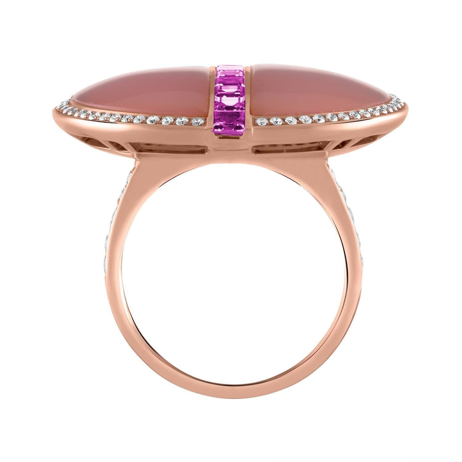 Shah & Shah's 18k rose gold, 9.75ct pink agate, 1.02ct pink sapphires and 0.41ct round brilliant cut diamond ring.

The ring is a size 6.5. Initial sizing is complimentary and an insurance appraisal is included with your purchase.