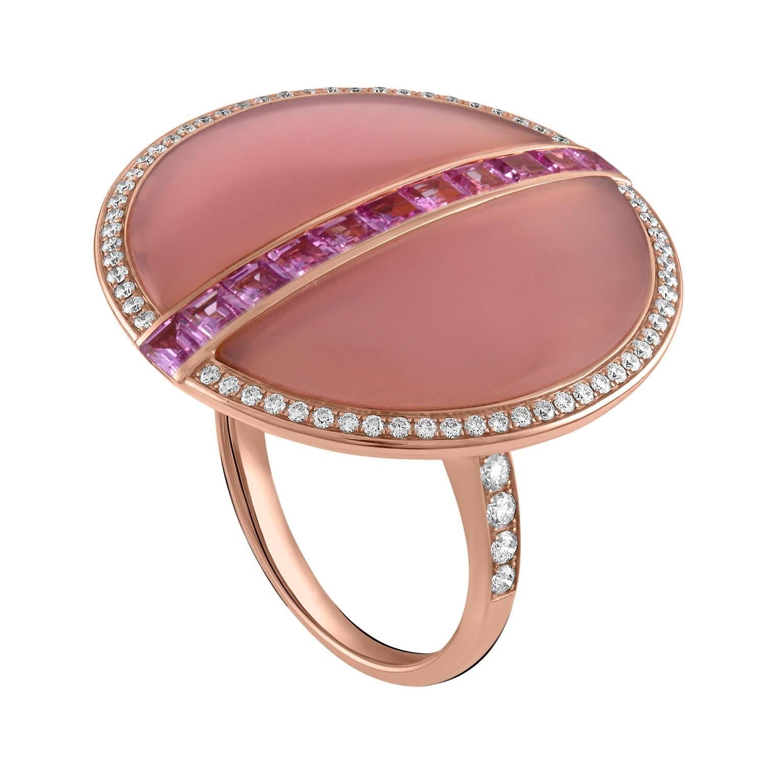 Round Cut 18 Karat Rose Gold, Pink Agate, Pink Sapphire and Diamond Ring For Sale