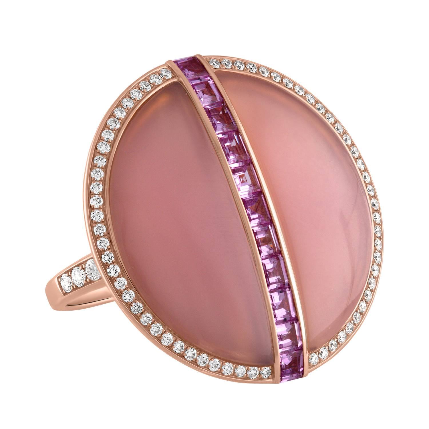 18 Karat Rose Gold, Pink Agate, Pink Sapphire and Diamond Ring For Sale