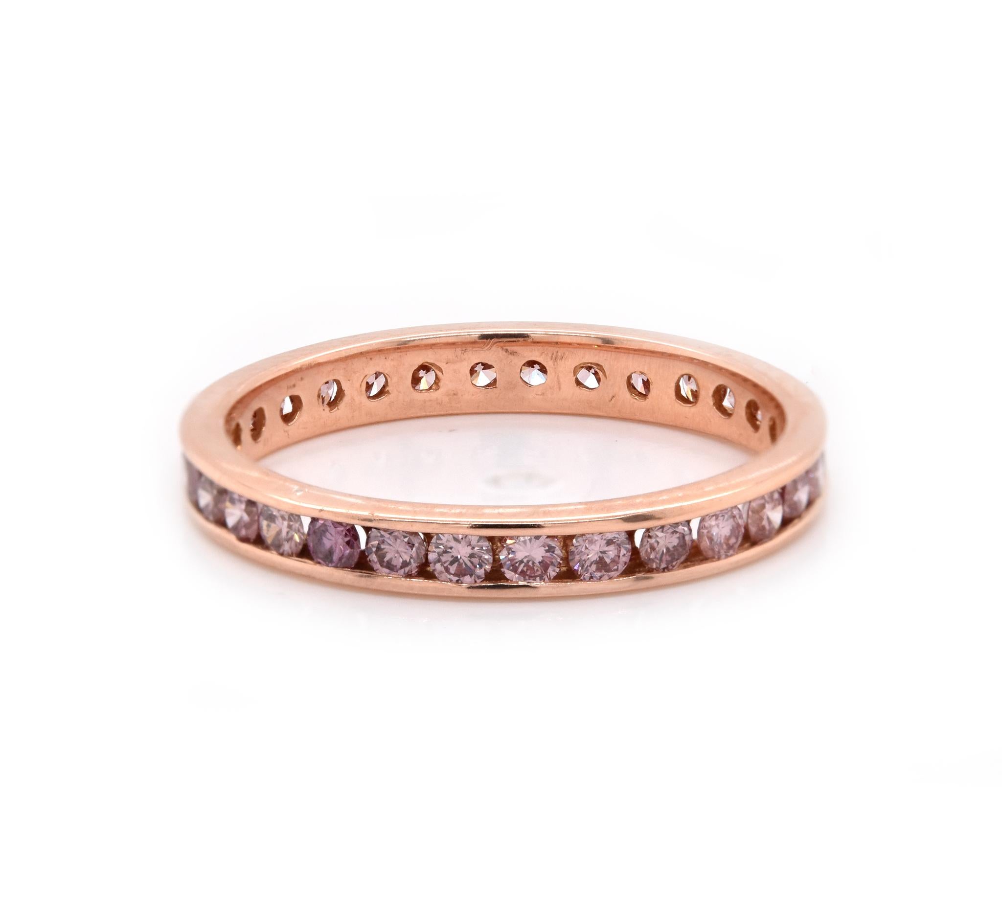 Designer: Custom
Material: 18K rose gold
Diamonds: 30 round cut = .90cttw 
Color: Pink
Clarity: SI1
Size: 6.75
Dimensions: ring measures 2.9mm in width
Weight: 2.00 grams
