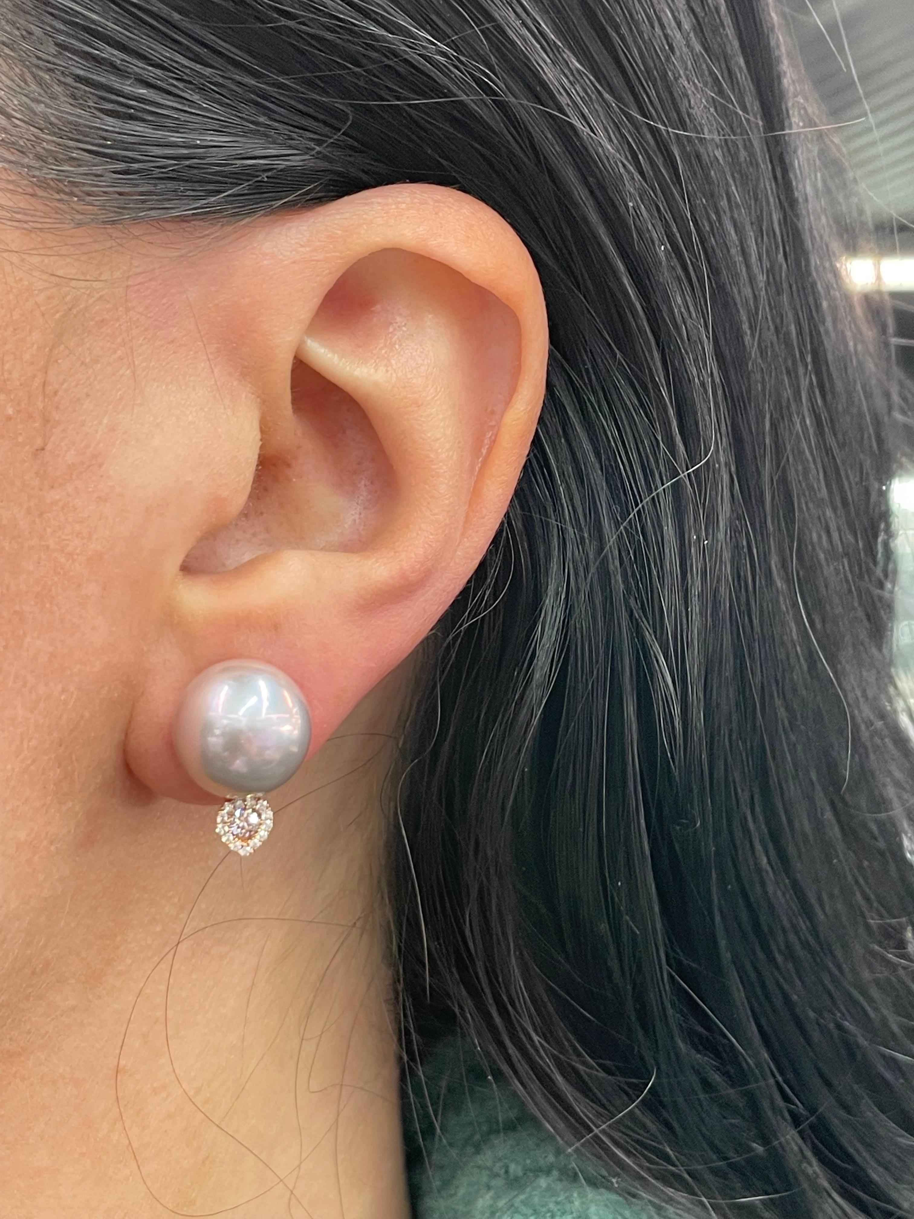 18 Karat Rose Gold Pink Freshwater Pearl Diamond Earring 0.27 Carats For Sale 3