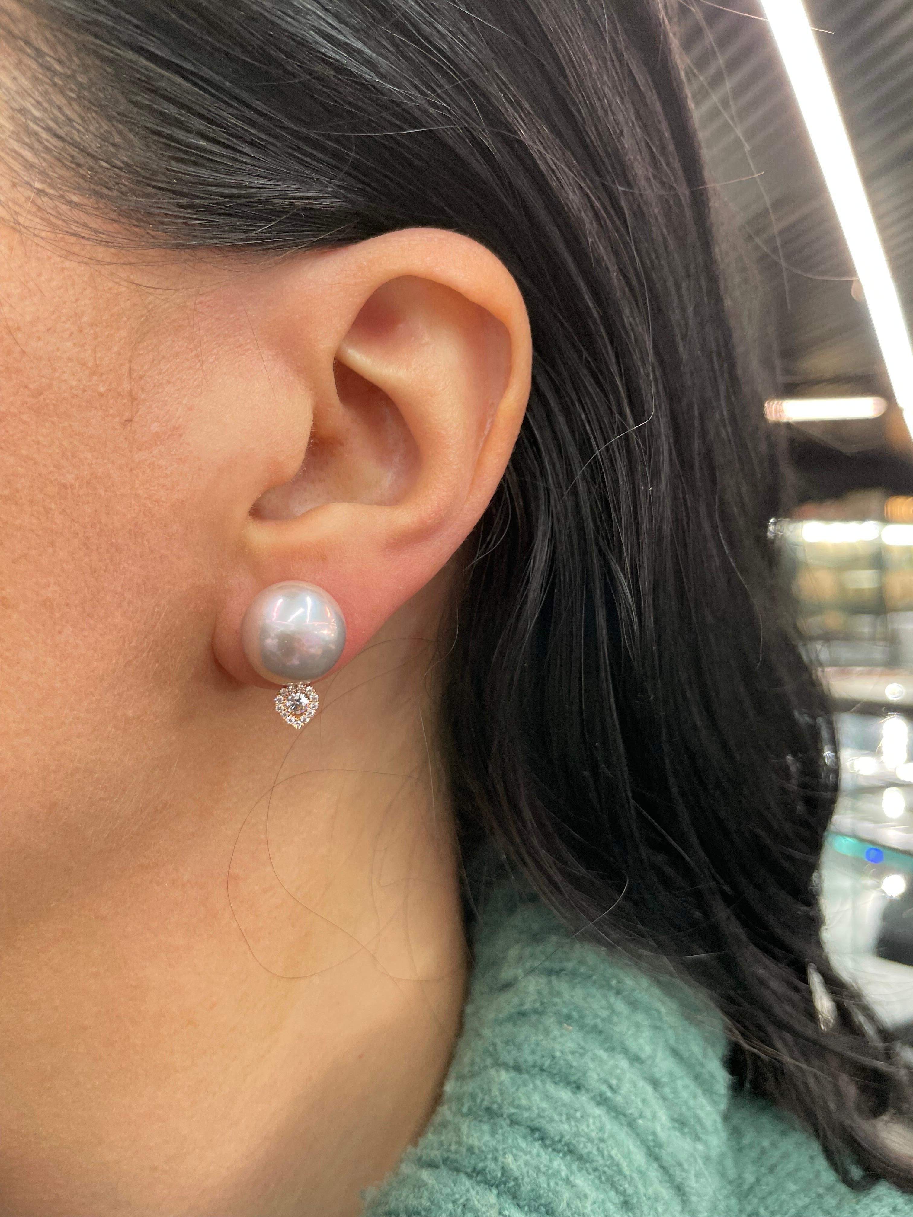 18 Karat Rose Gold Pink Freshwater Pearl Diamond Earring 0.27 Carats For Sale 4