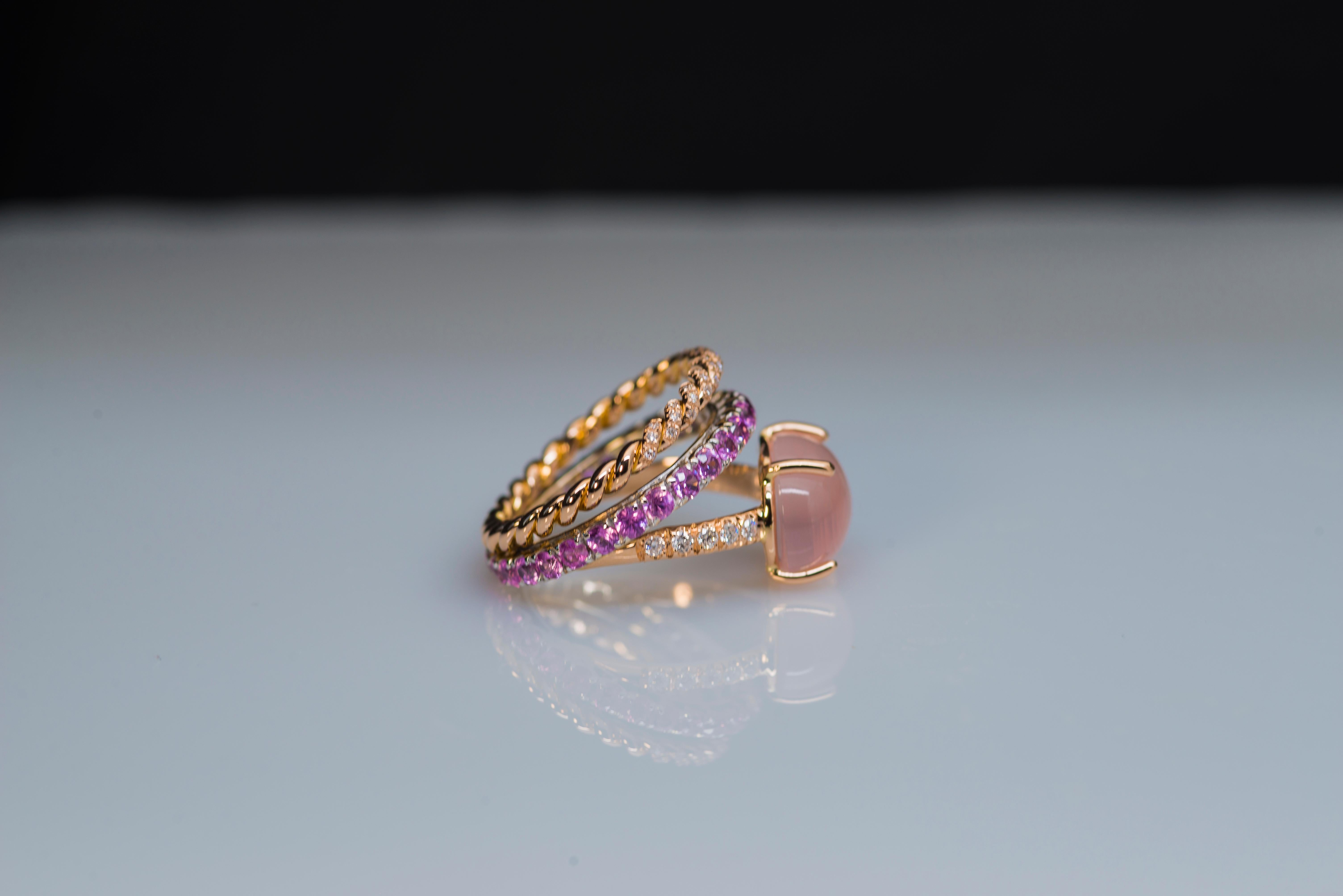 Art Deco 18 Karat Rose Gold Pink Quartz 3 Karat Sapphires 0.10 Karat White Diamonds Ring For Sale
