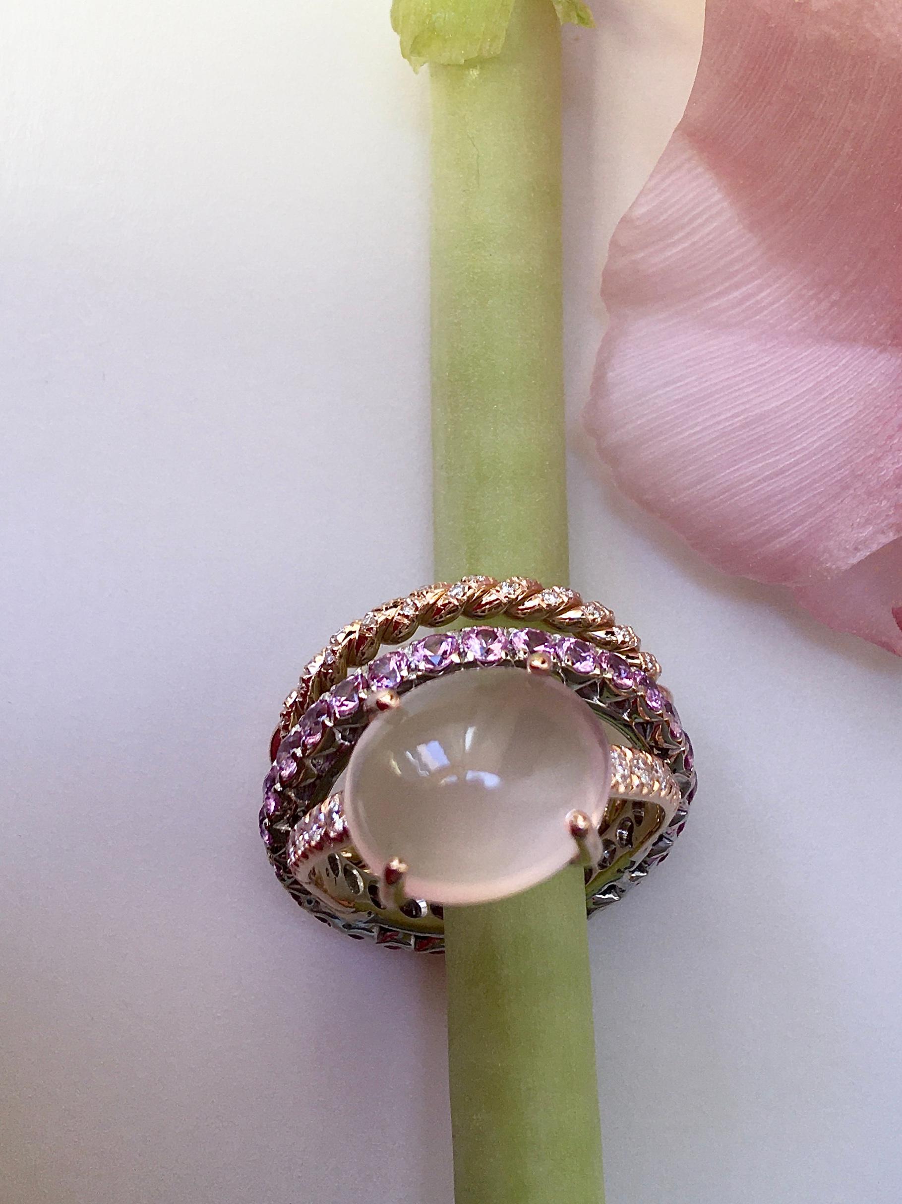 3 Carats Rose Sapphires 18K Gold Rose Quartz 0.10 Karat White Diamonds Ring For Sale 3