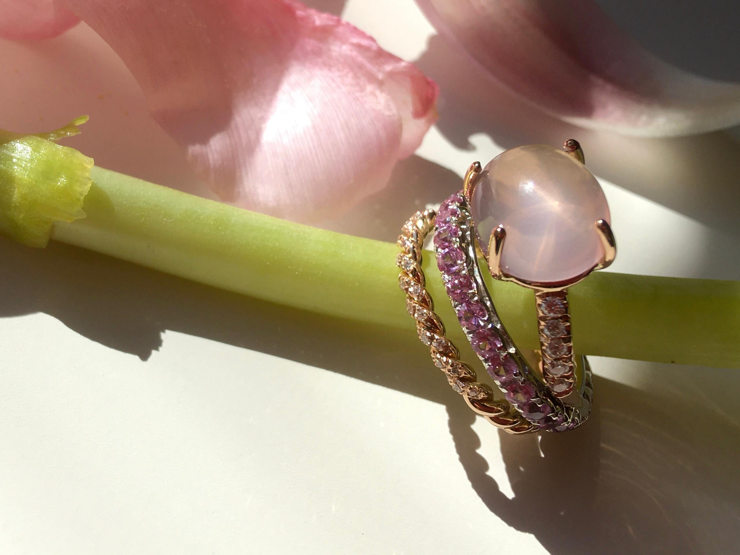 3 Carats Rose Sapphires 18K Gold Rose Quartz 0.10 Karat White Diamonds Ring For Sale 7