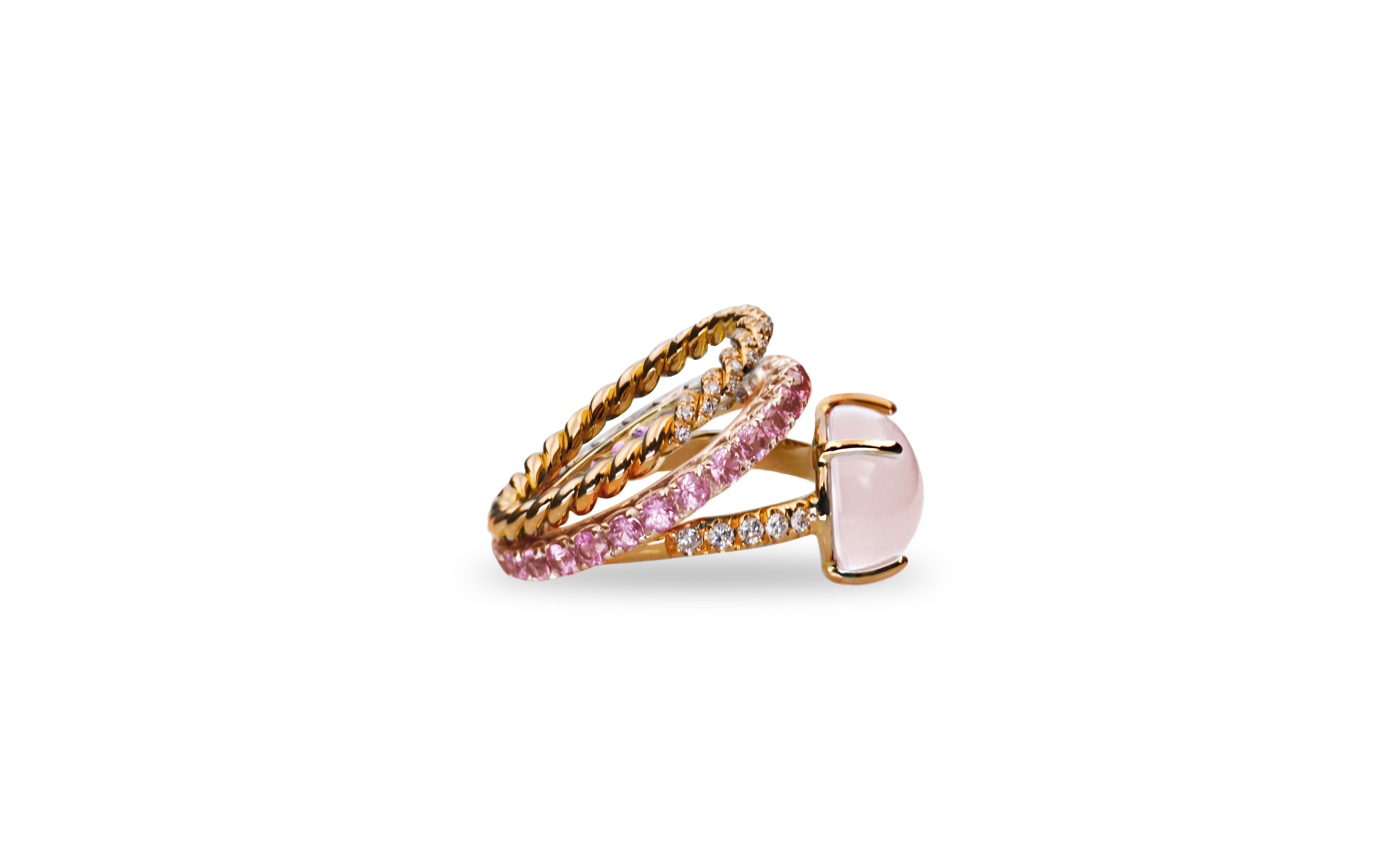 18 Karat Rose Gold Pink Quartz 3 Karat Sapphires 0.10 Karat White Diamonds Ring In New Condition For Sale In Rome, IT