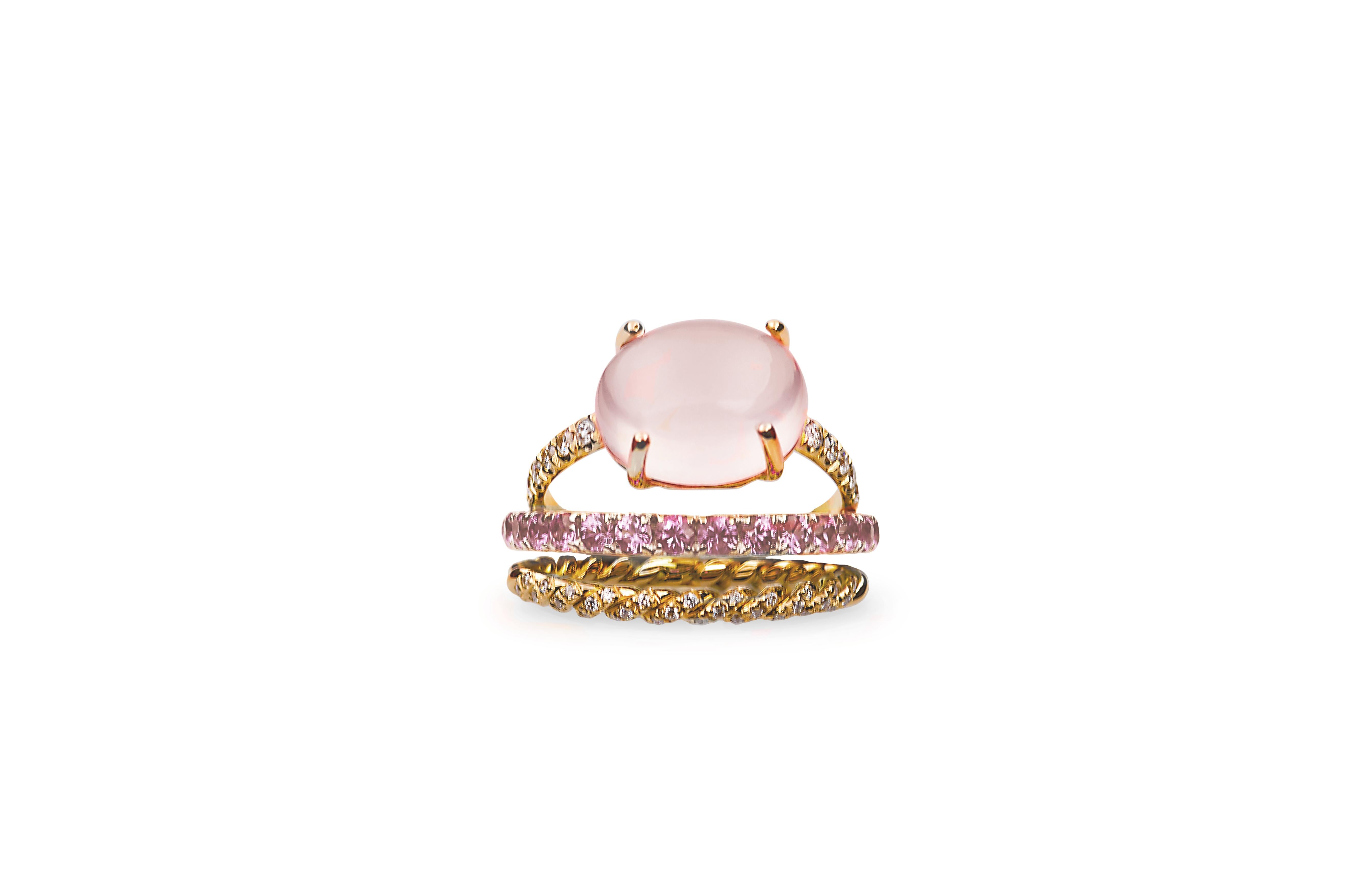 Row Cable 3 Karat Sapphires 0.10 Karat Diamonds 18 Karat Gold Pink Quartz Ring For Sale 3
