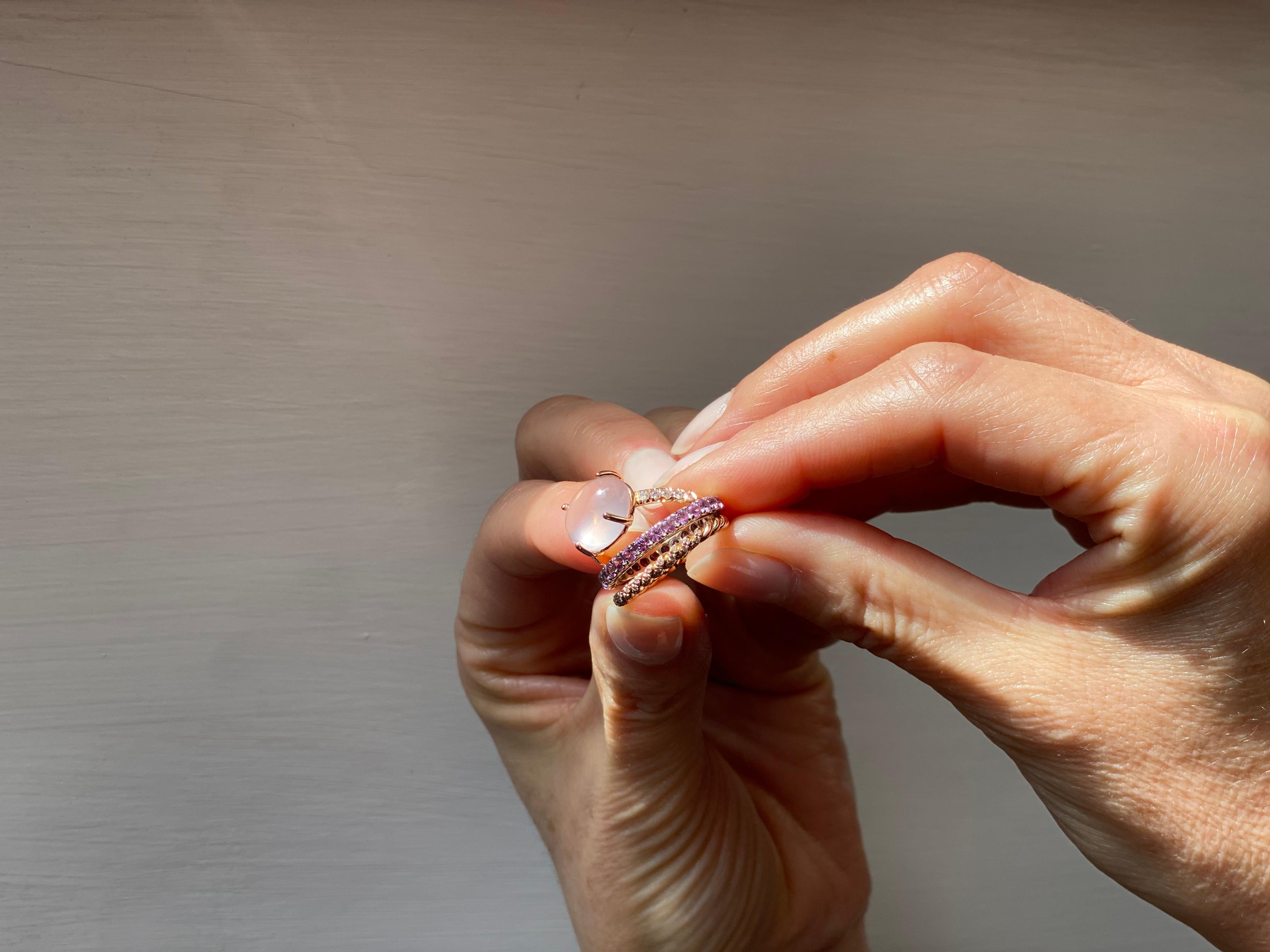 Women's 18 Karat Rose Gold Pink Quartz 3 Karat Sapphires 0.10 Karat White Diamonds Ring For Sale