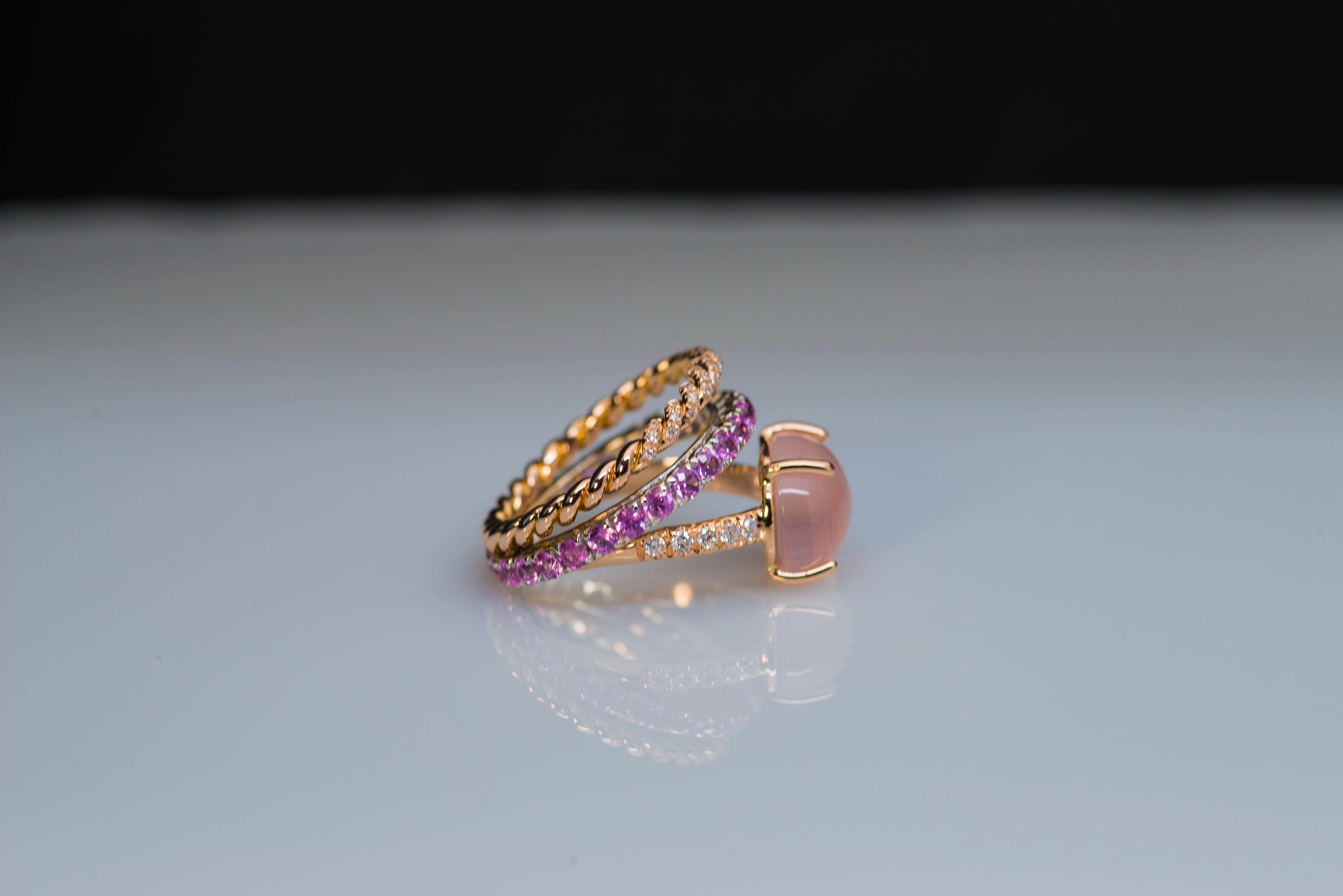 Modern Row Cable 3 Karat Sapphires 0.10 Karat Diamonds 18 Karat Gold Pink Quartz Ring For Sale