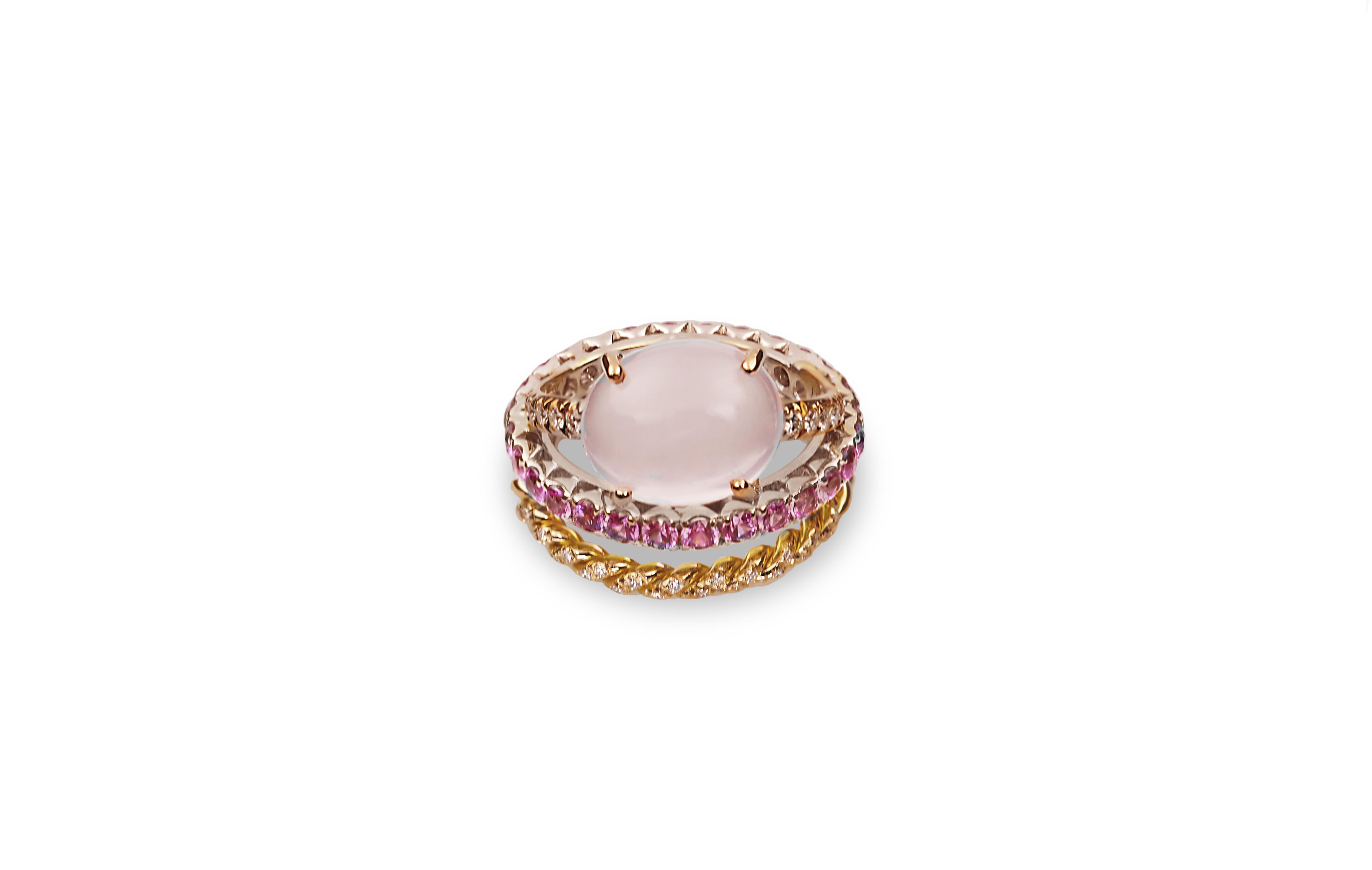 Bague en or 18 carats avec saphirs roses de 3 carats et quartz rose et diamants blancs de 10 carats en vente 4