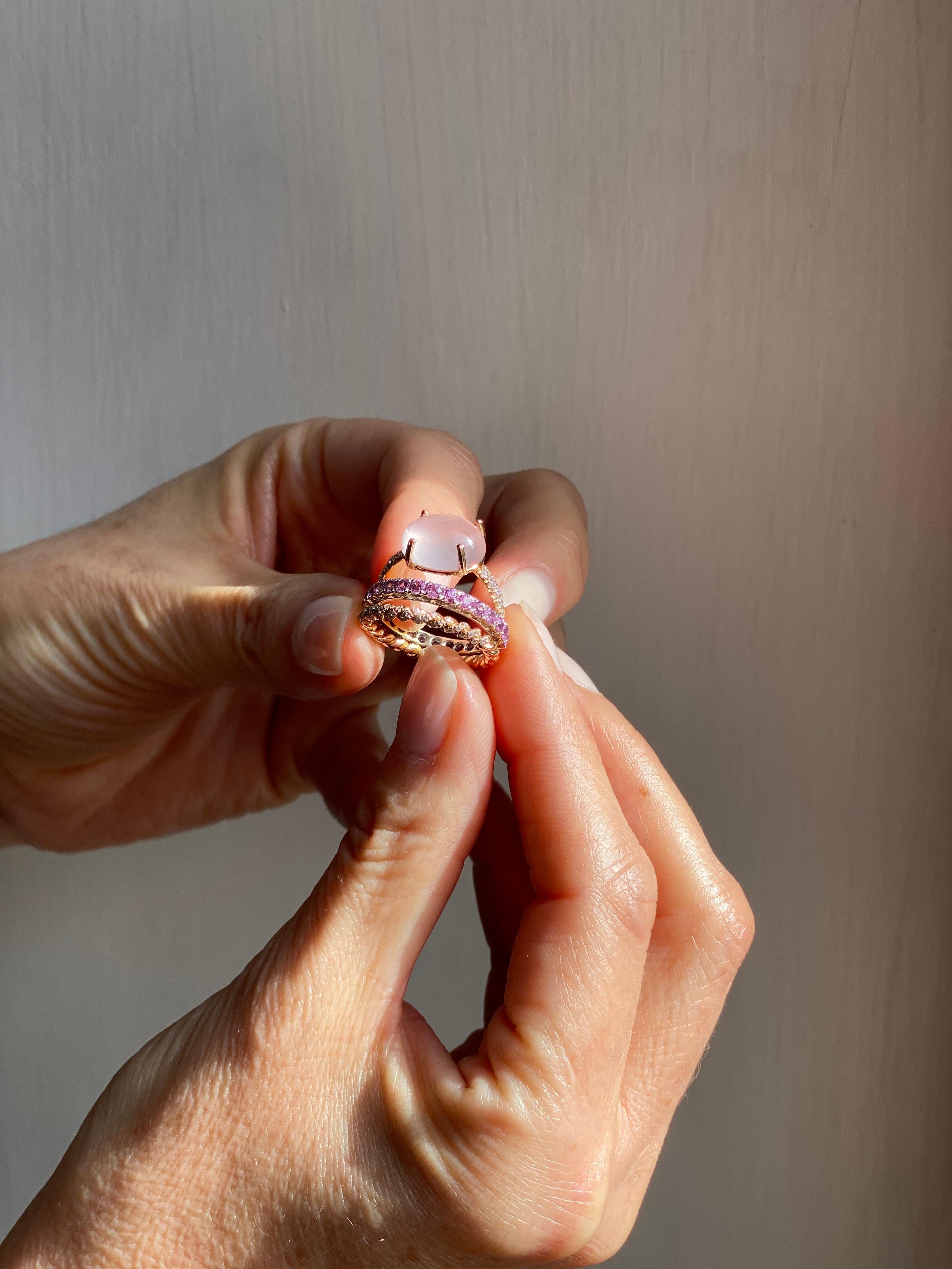 18 Karat Rose Gold Pink Quartz 3 Karat Sapphires 0.10 Karat White Diamonds Ring For Sale 2