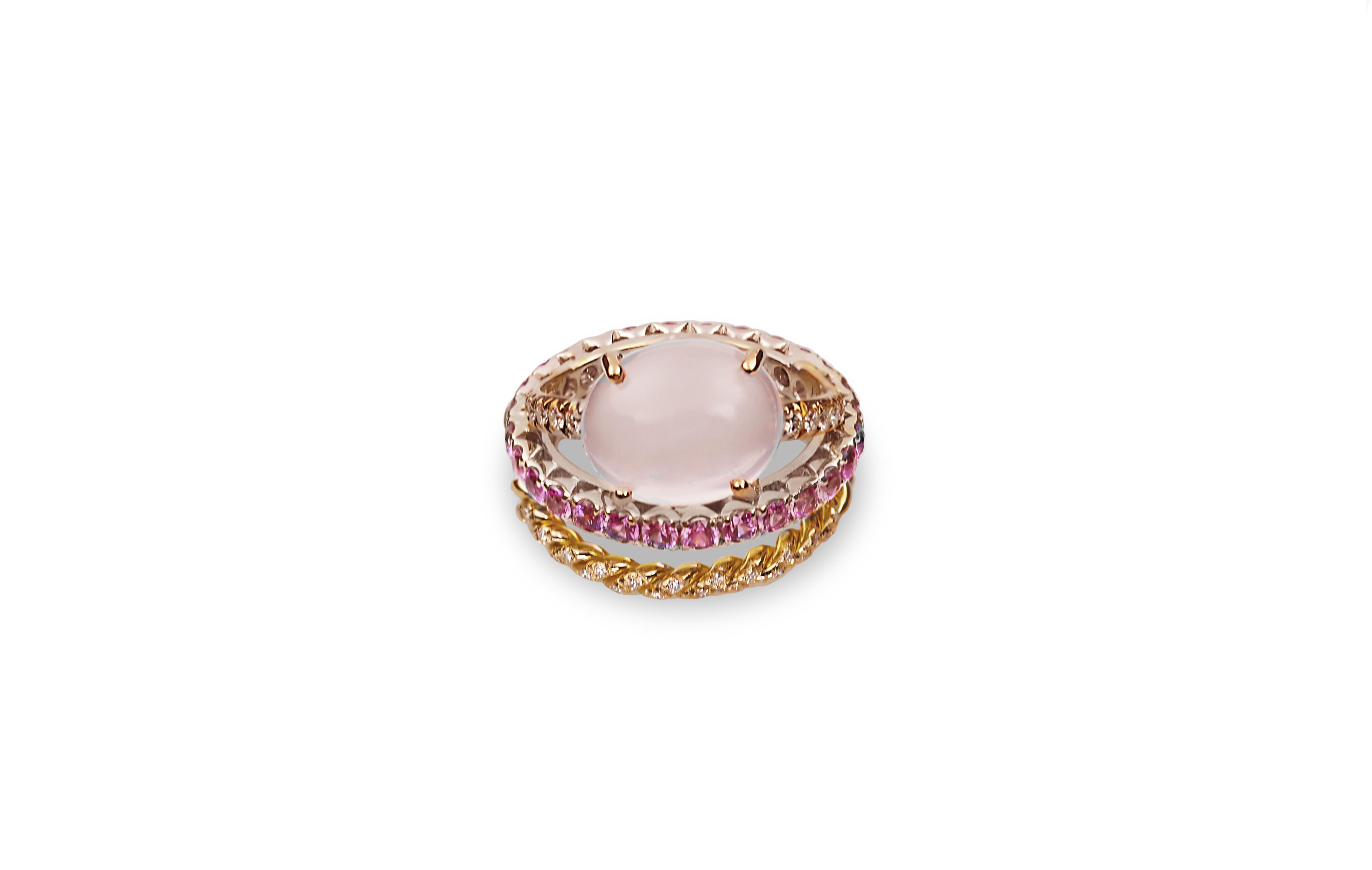 18 Karat Rose Gold Pink Quartz 3 Karat Sapphires 0.10 Karat White Diamonds Ring For Sale 3