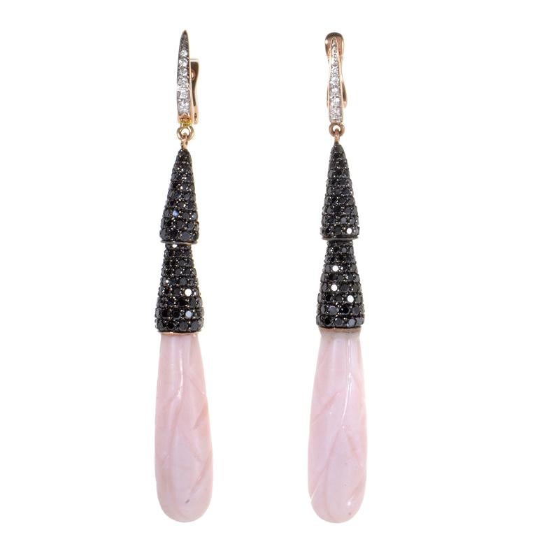 18 Karat Rose Gold Pink Quartz and Black Diamond Drop Earrings ER8-22643