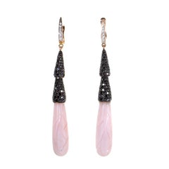18 Karat Rose Gold Pink Quartz and Black Diamond Drop Earrings
