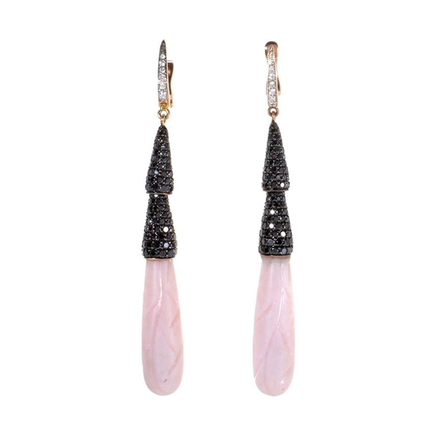 18 Karat Rose Gold Pink Quartz and Black Diamond Drop Earrings