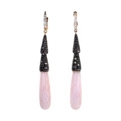 18 Karat Rose Gold Pink Quartz and Black Diamond Drop Earrings