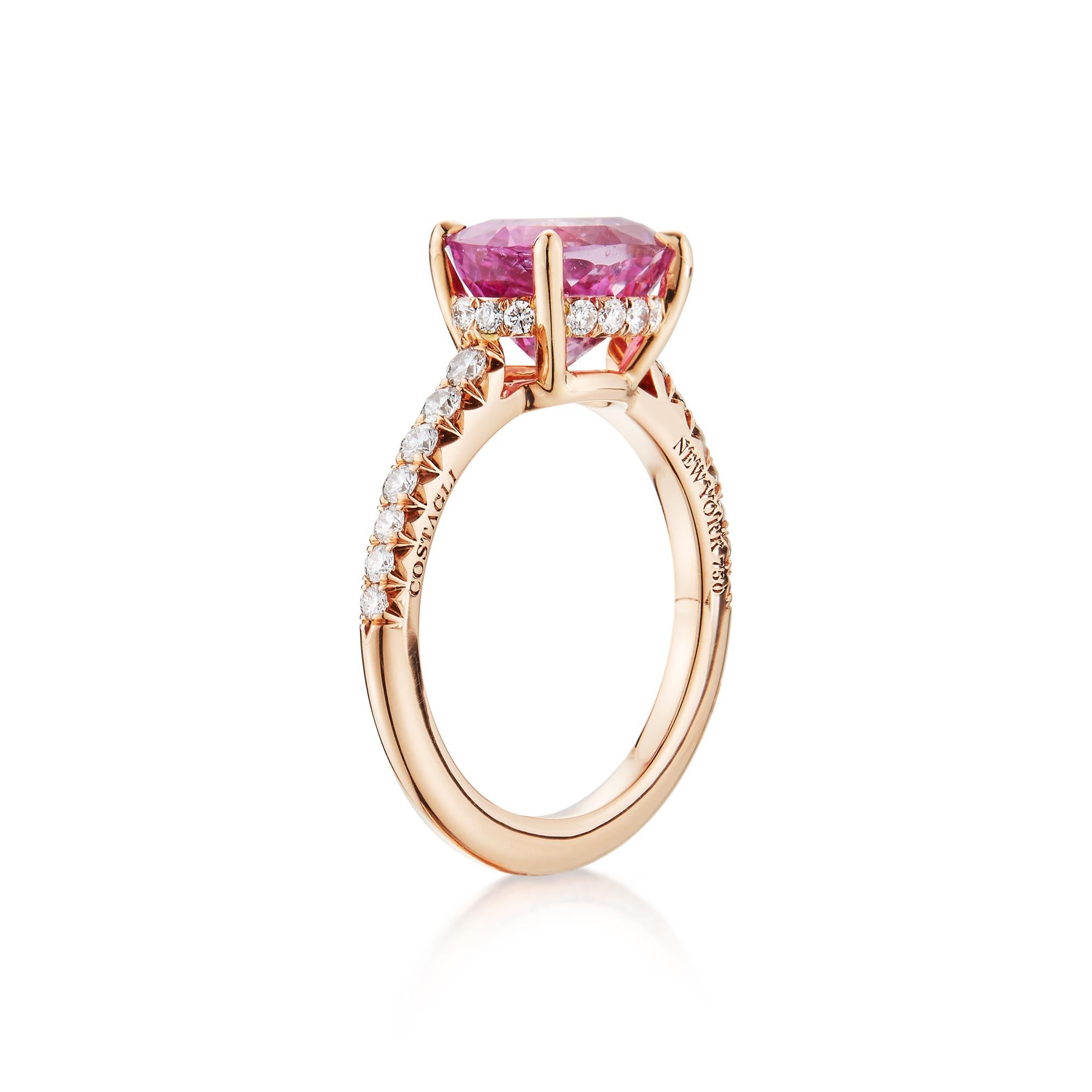 18 karat rose gold ring set with an oval shape pink sapphire with diamond detail. 

Each Paolo Costagli contemporary engagement ring is a one of a kind, handcrafted testament to your love story. 

The beauty is in the details - from the combination