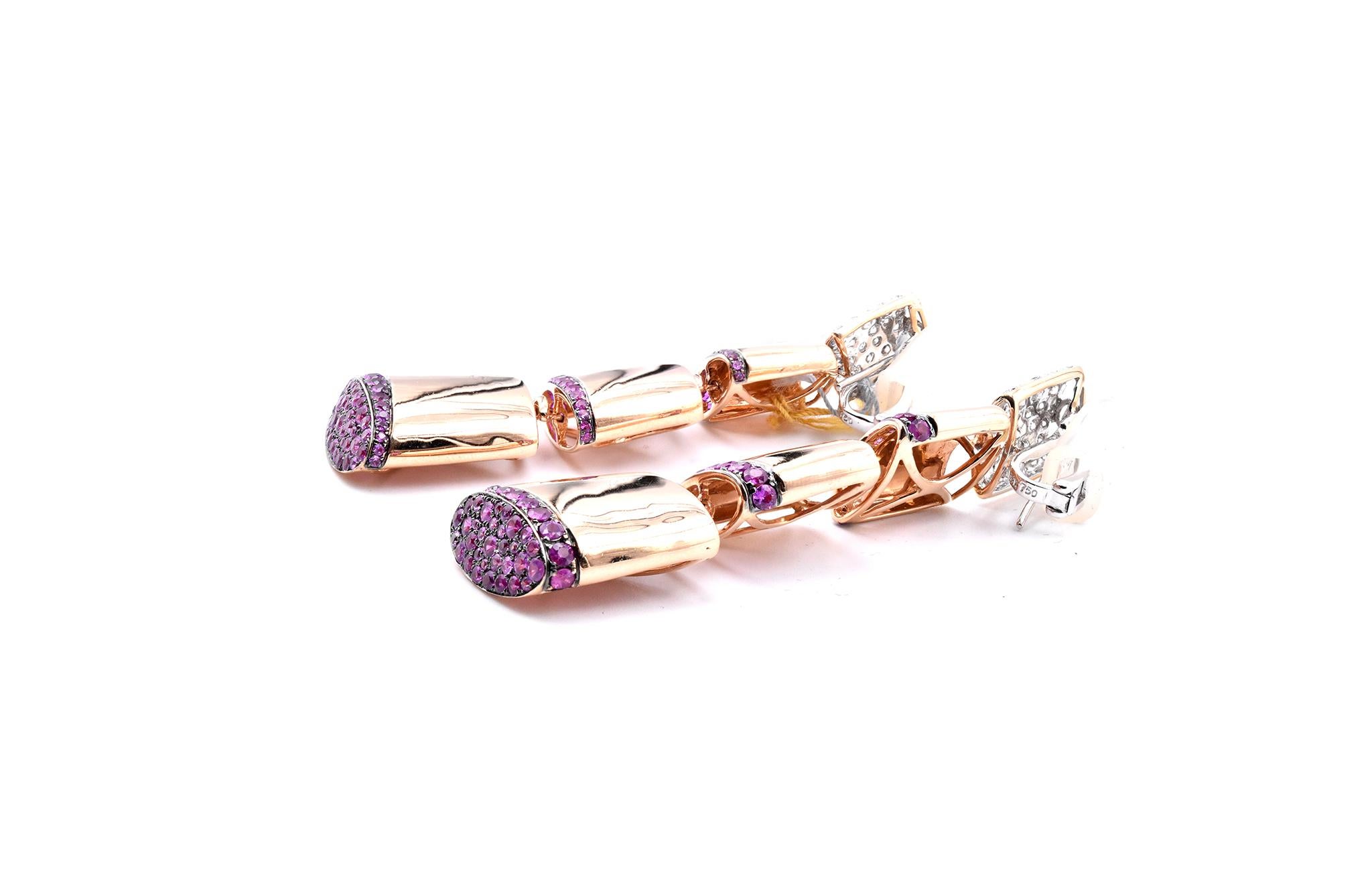 Round Cut 18 Karat Rose Gold Pink Sapphire and Diamond Square Link Earrings