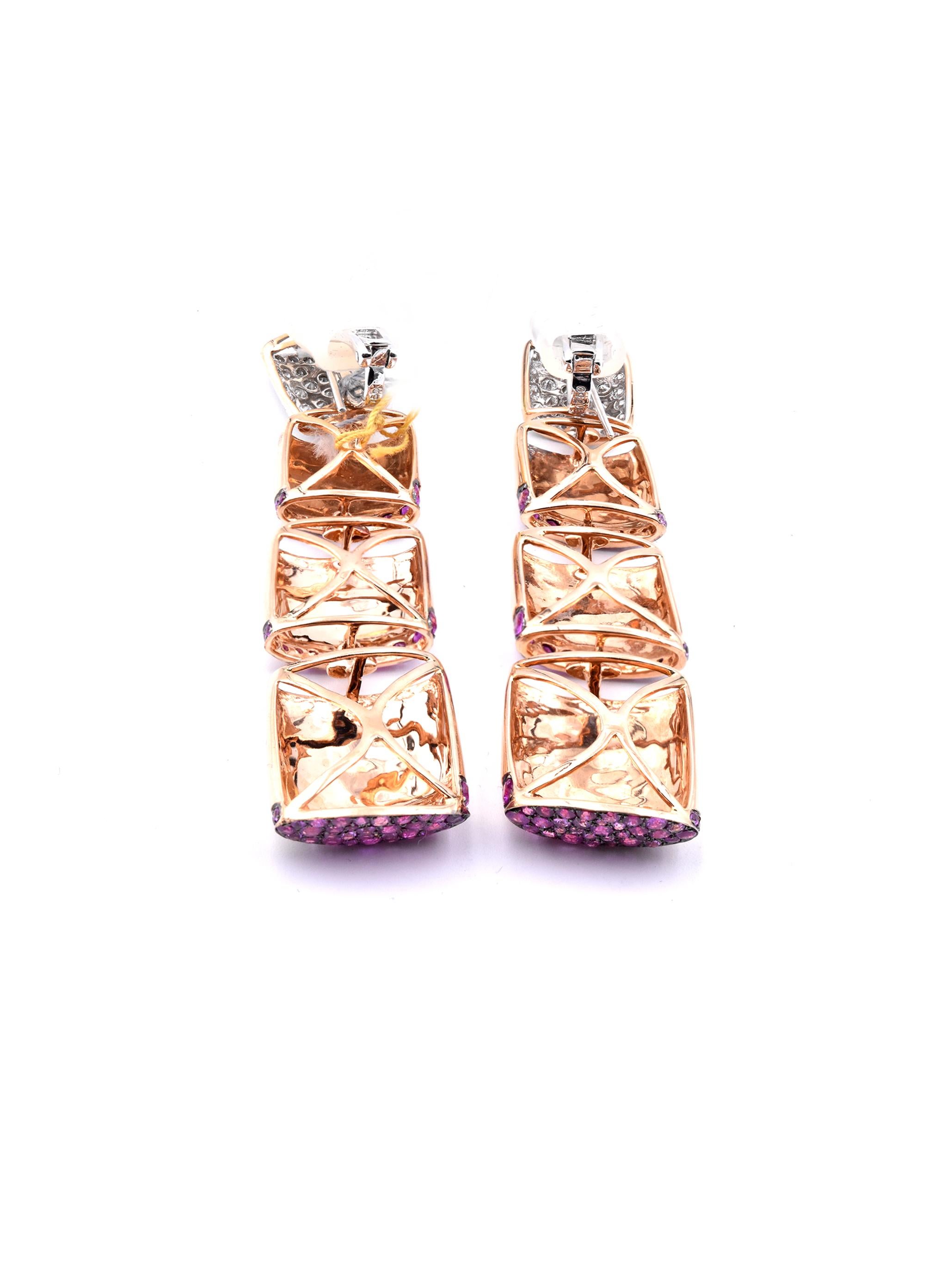 18 Karat Rose Gold Pink Sapphire and Diamond Square Link Earrings In Excellent Condition In Scottsdale, AZ