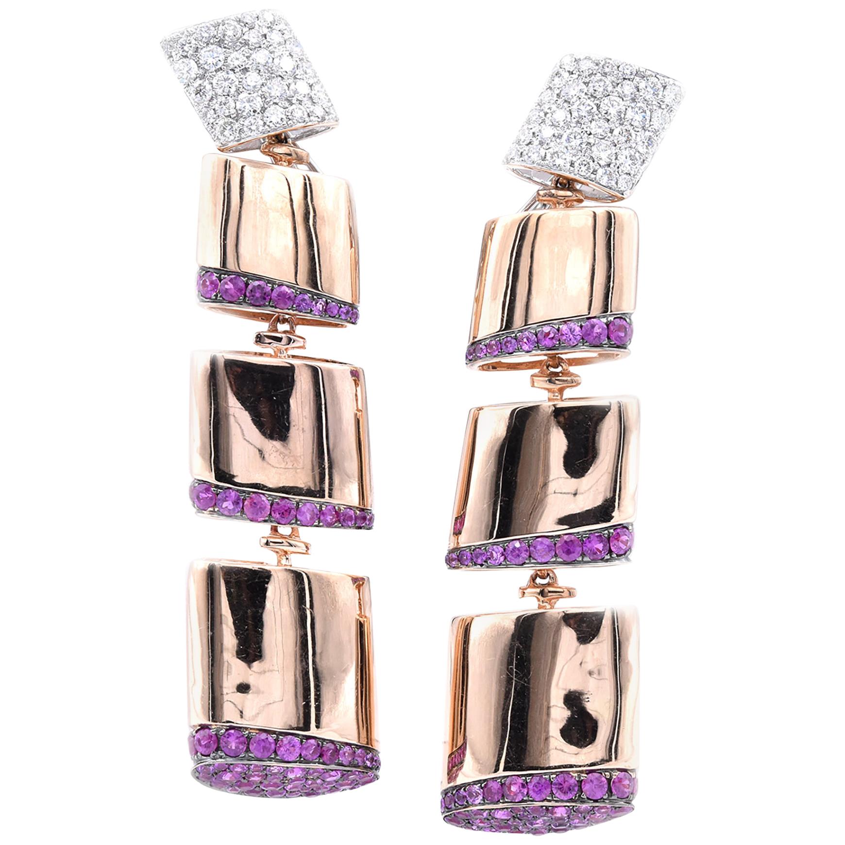 18 Karat Rose Gold Pink Sapphire and Diamond Square Link Earrings