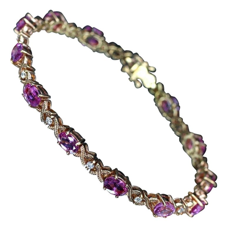 18 Karat Rose Gold Pink Sapphire and Diamond &quot;x&quot; Tennis Bracelet For Sale at 1stdibs