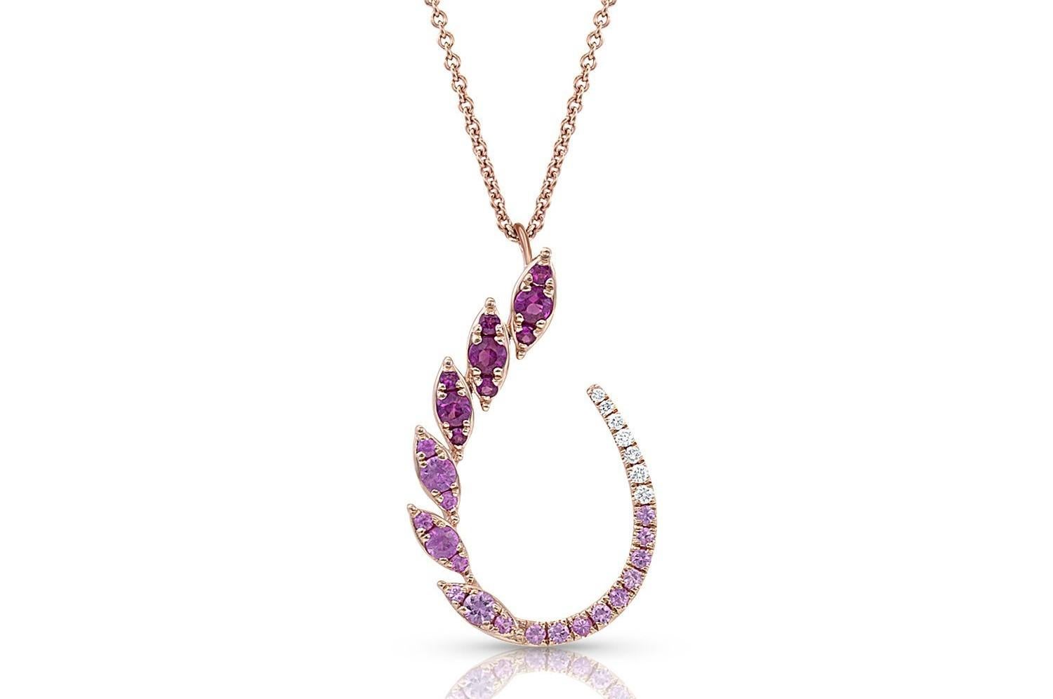 An open pear shape design fluidly graduates from medium pink and light pink sapphires to colorless diamonds. This exquisite 0.44 ctw pink sapphire and 0.04 ctw diamond open shape pendant comes on a matching 18kt rose gold chain.