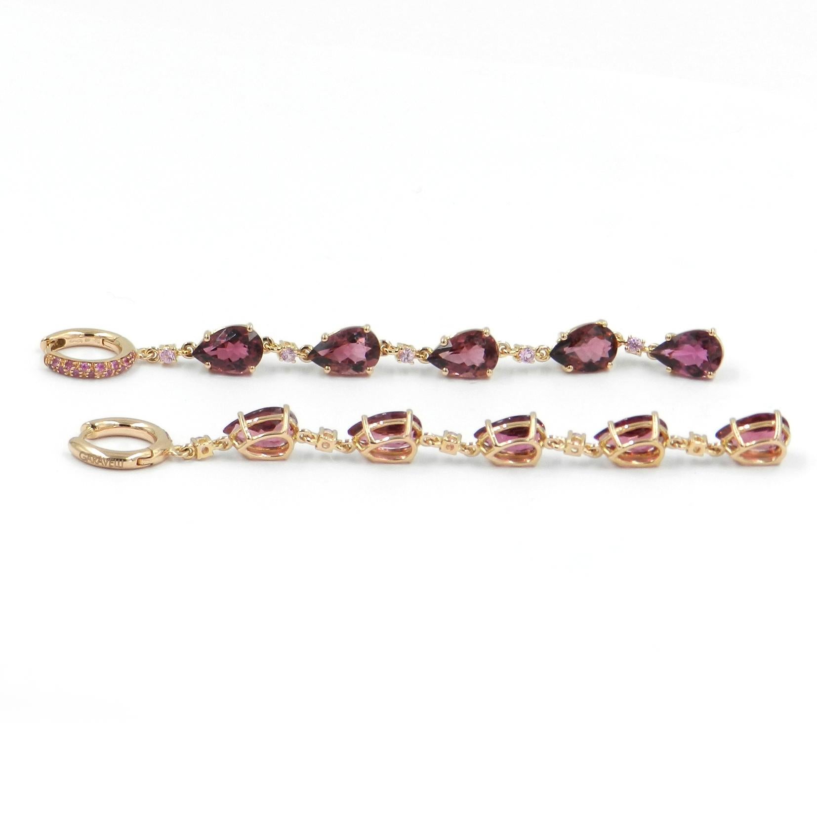 18KT Rose Gold PINK TOURMALINE and PINK SAPPHIRES LONG EARRINGS 
Lenght mm.90 
GOLD gr : 8,75
PINK SAPPHIRES ct  : 0,64
NATURAL PINK TOURMALINE DROPS ct : 11,50