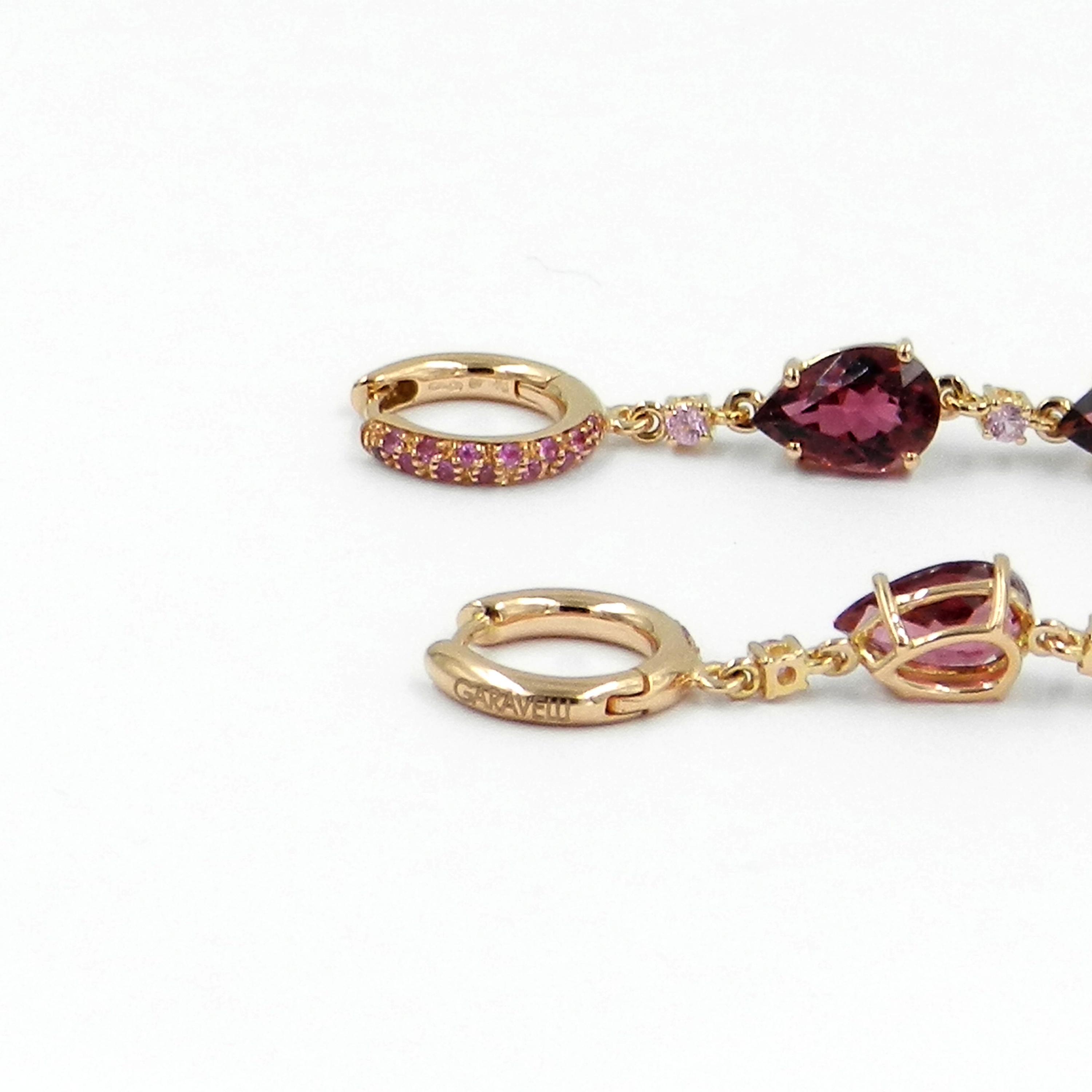 Contemporary 18 Karat Rose Gold Pink Tourmaline and Pink Sapphires Long Garavelli Earrings