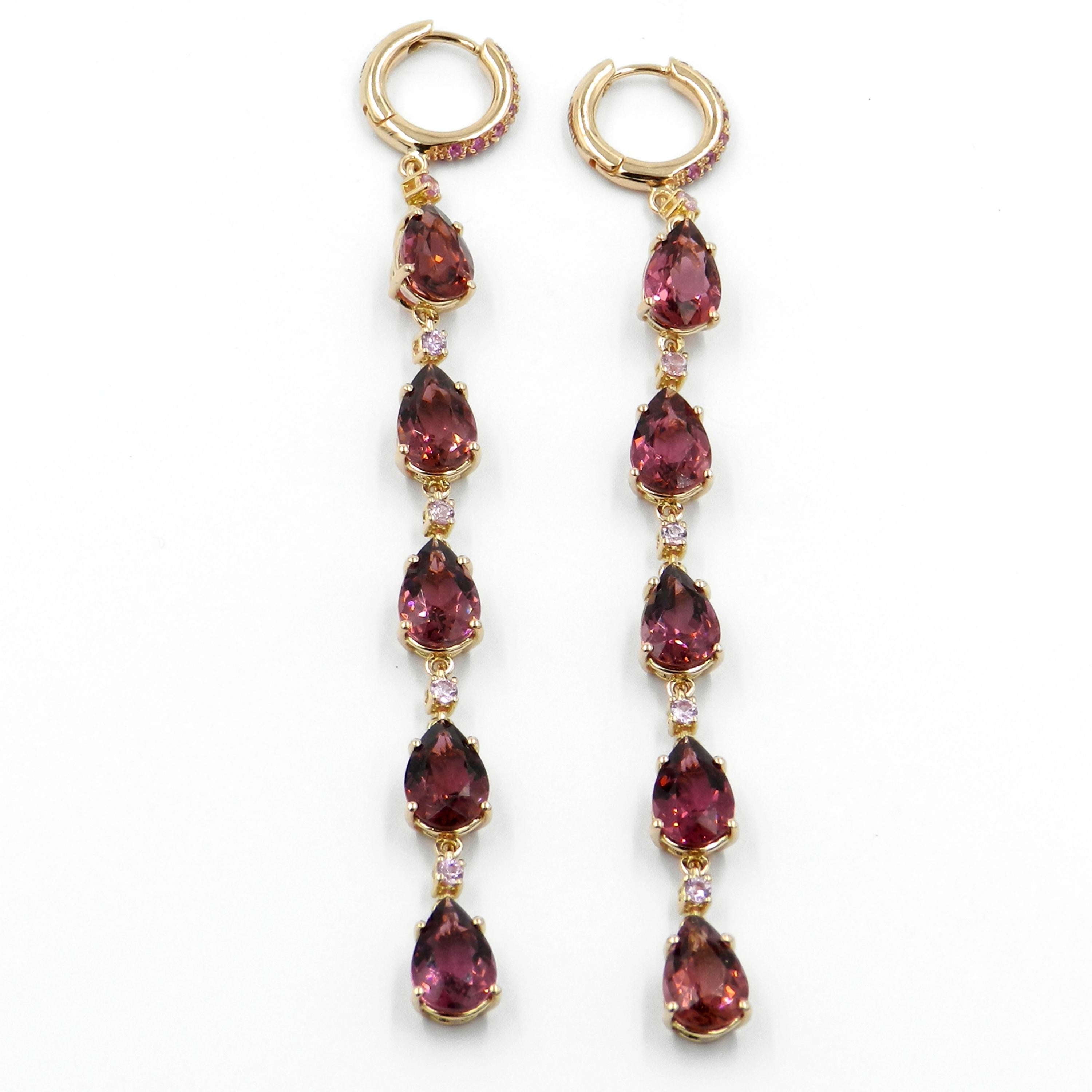 Round Cut 18 Karat Rose Gold Pink Tourmaline and Pink Sapphires Long Garavelli Earrings