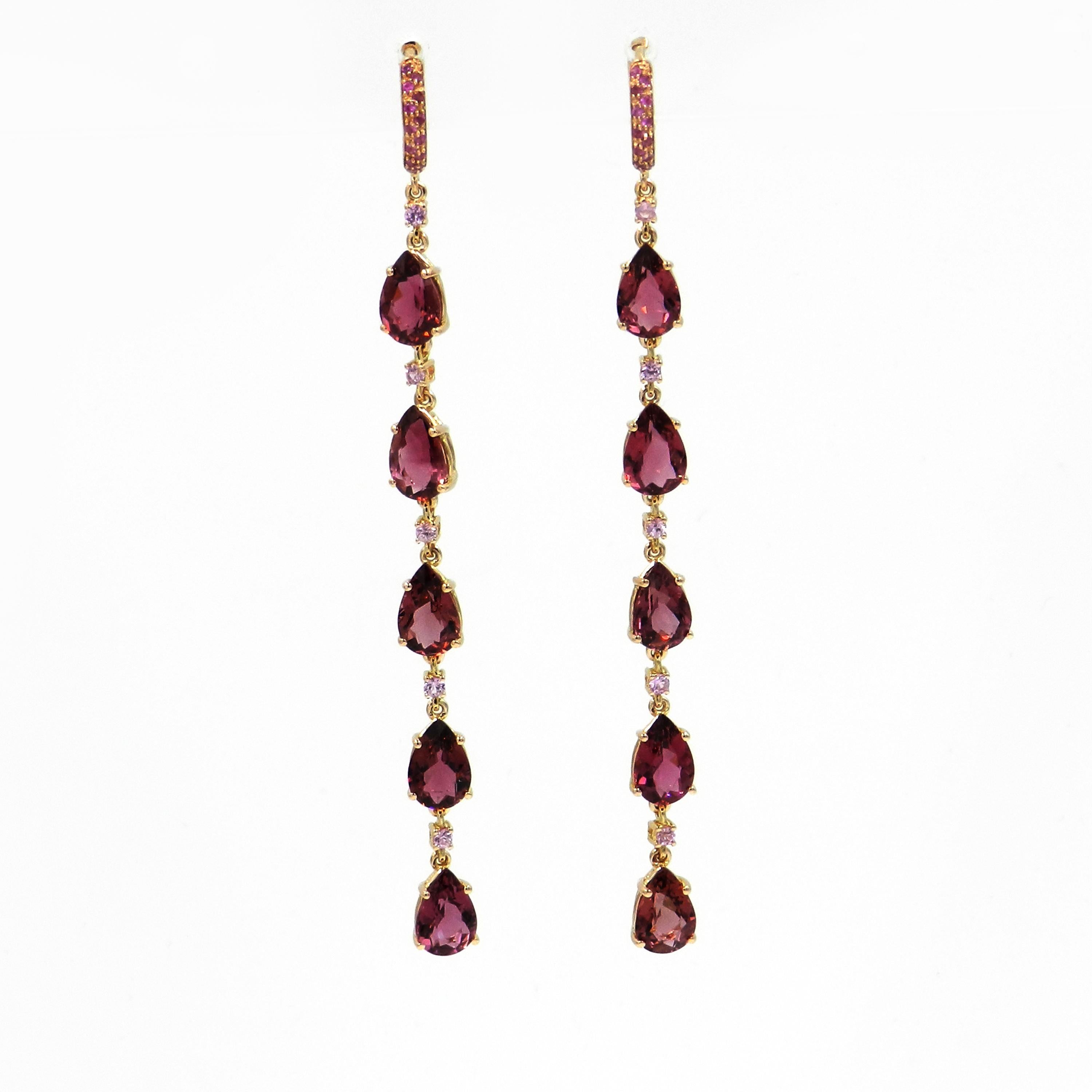 18 Karat Rose Gold Pink Tourmaline and Pink Sapphires Long Garavelli Earrings In New Condition In Valenza, IT