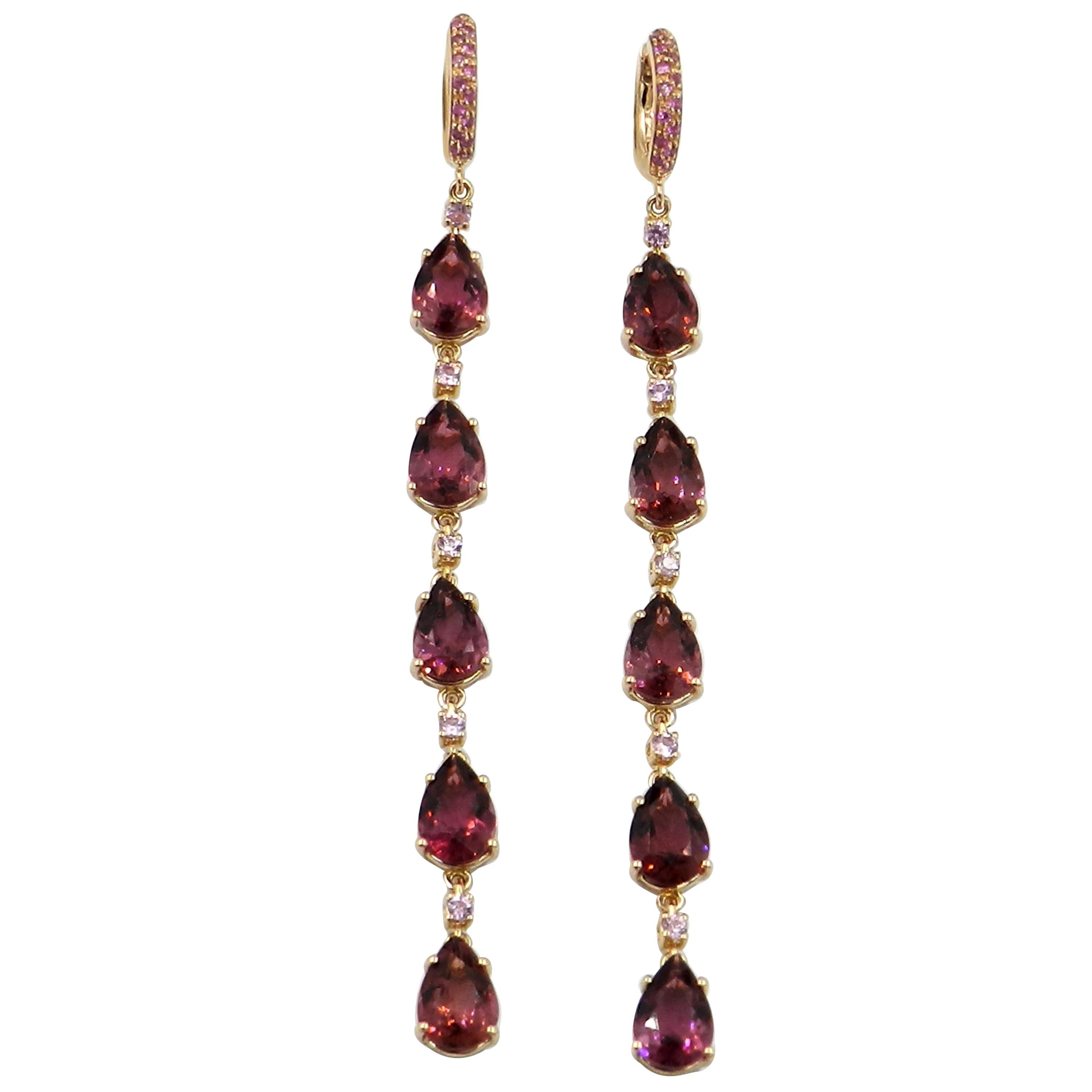 18 Karat Rose Gold Pink Tourmaline and Pink Sapphires Long Garavelli Earrings
