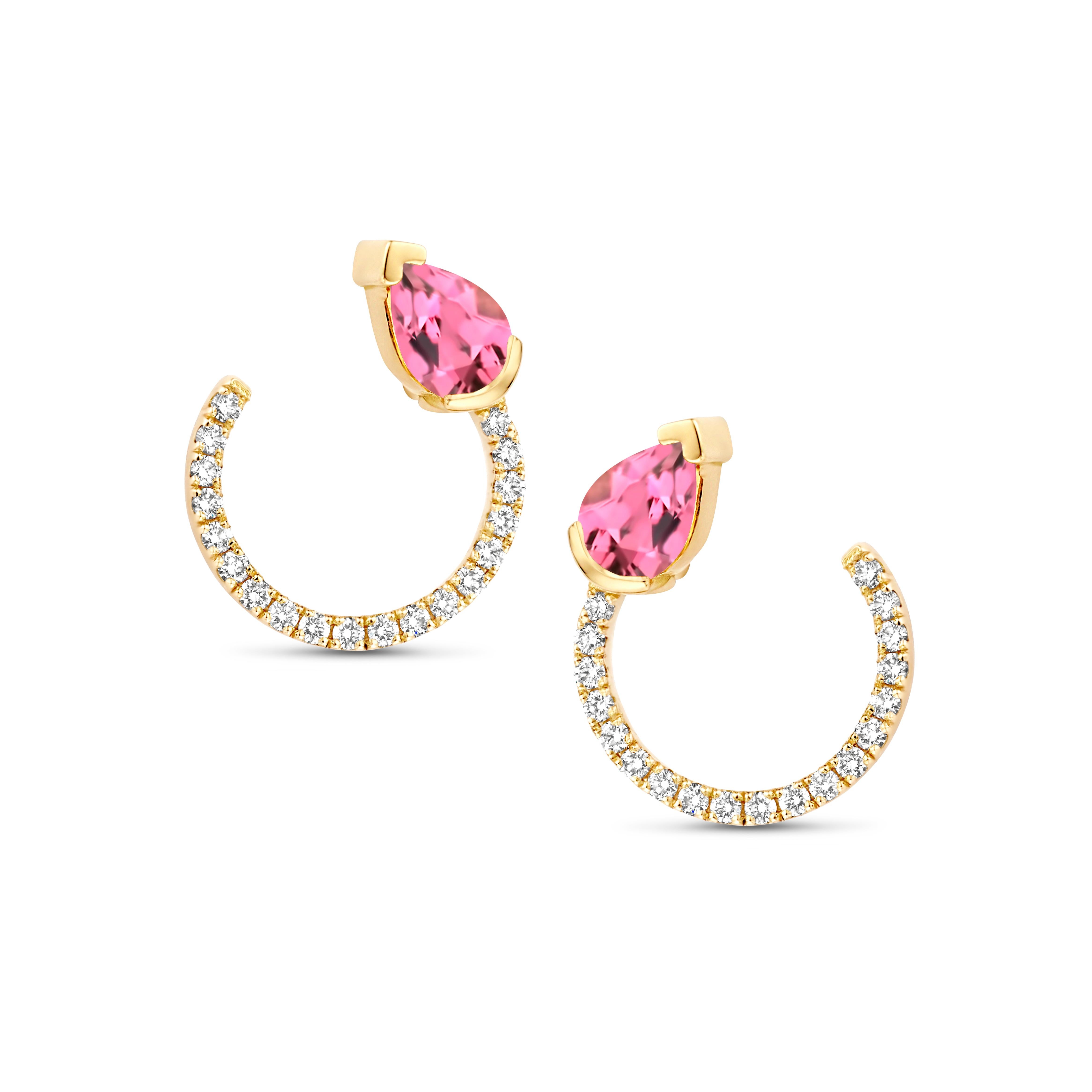 Pear Cut 18 Karat Rose Gold Pink Tourmaline Diamond Curved Earrings For Sale