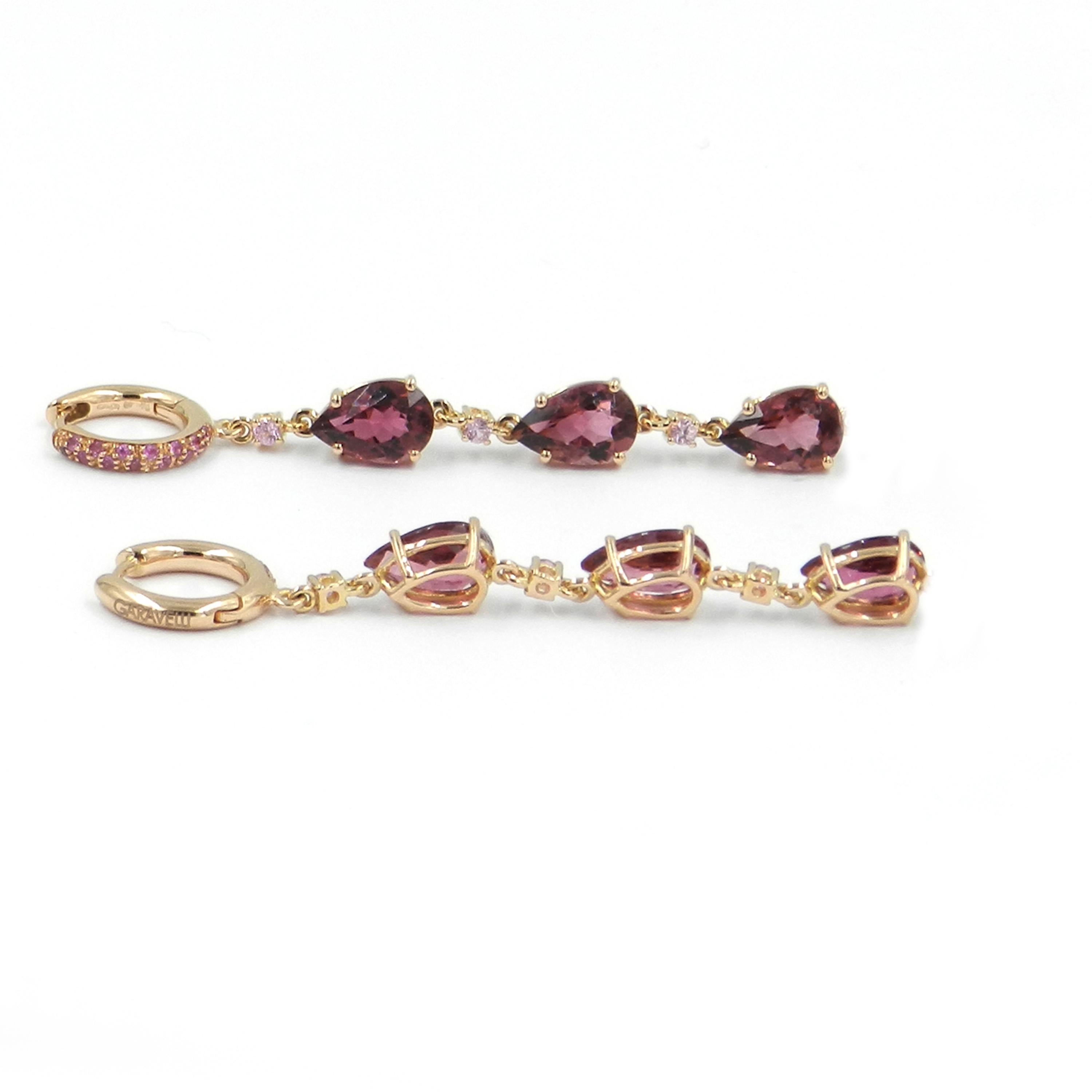 Lange Garavelli-Ohrringe aus 18 Karat Roségold mit rosa Turmalinen und rosa Saphiren (Tropfenschliff) im Angebot