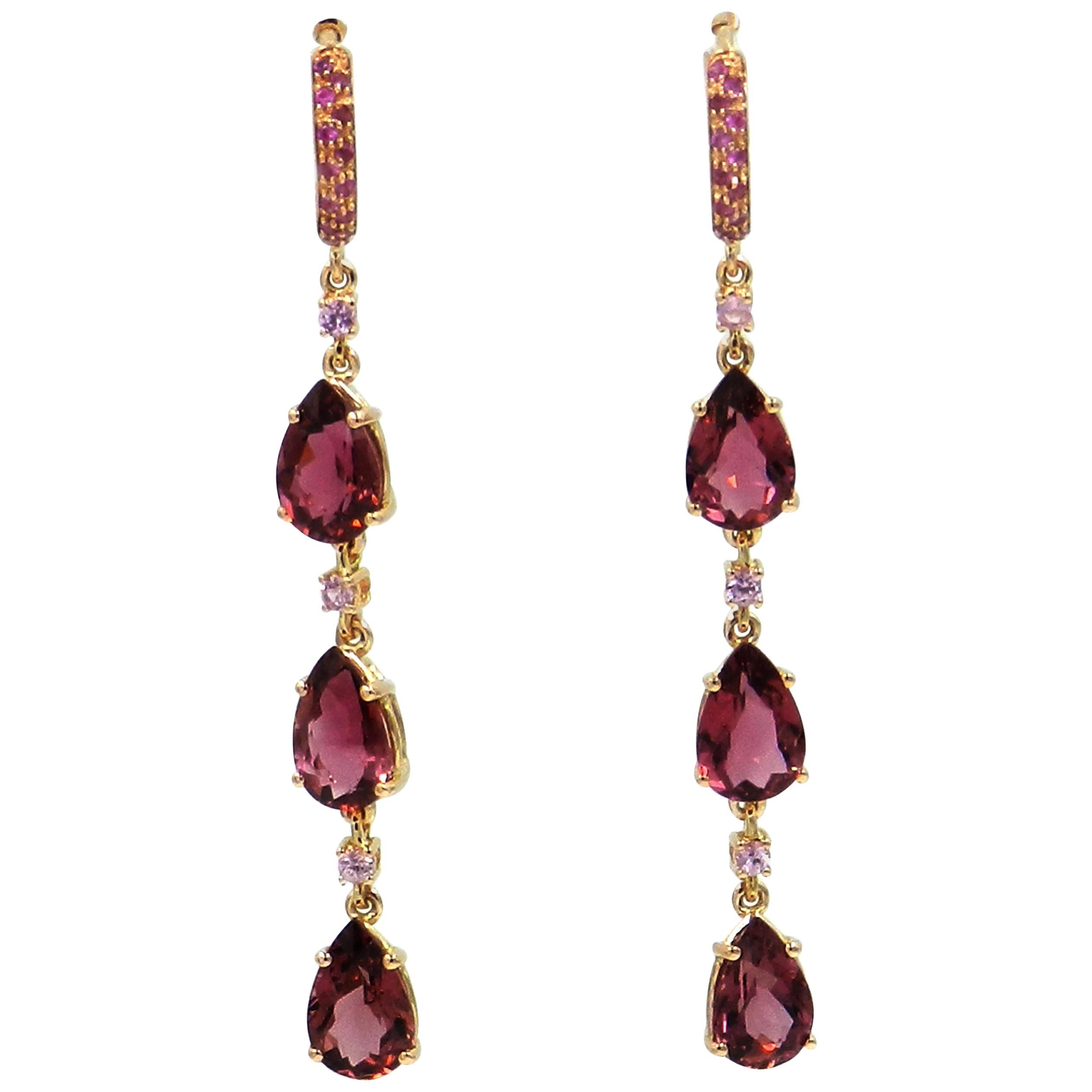 Lange Garavelli-Ohrringe aus 18 Karat Roségold mit rosa Turmalinen und rosa Saphiren im Angebot