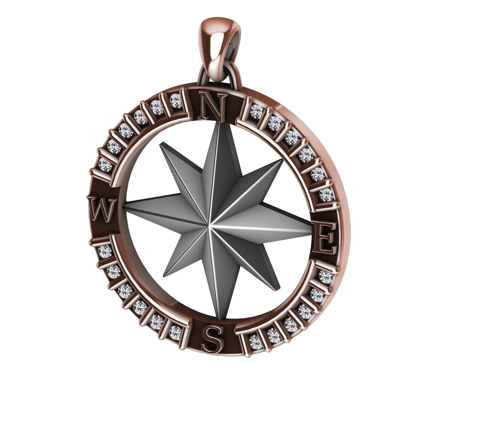 Contemporary 18 Karat Rose Gold and Sterling Diamond Sailors Compass Pendant For Sale