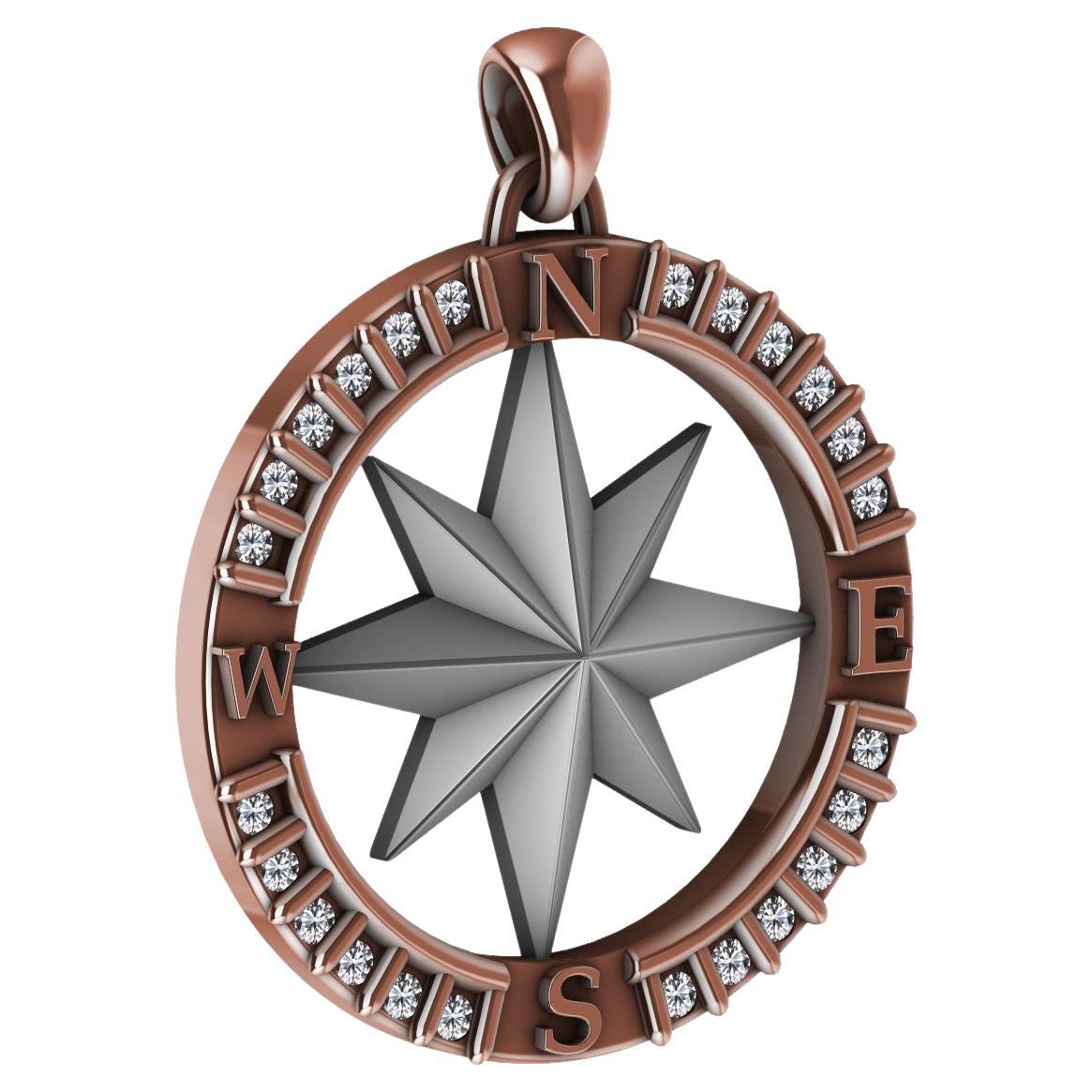 18 Karat Rose Gold and Sterling Diamond Sailors Compass Pendant