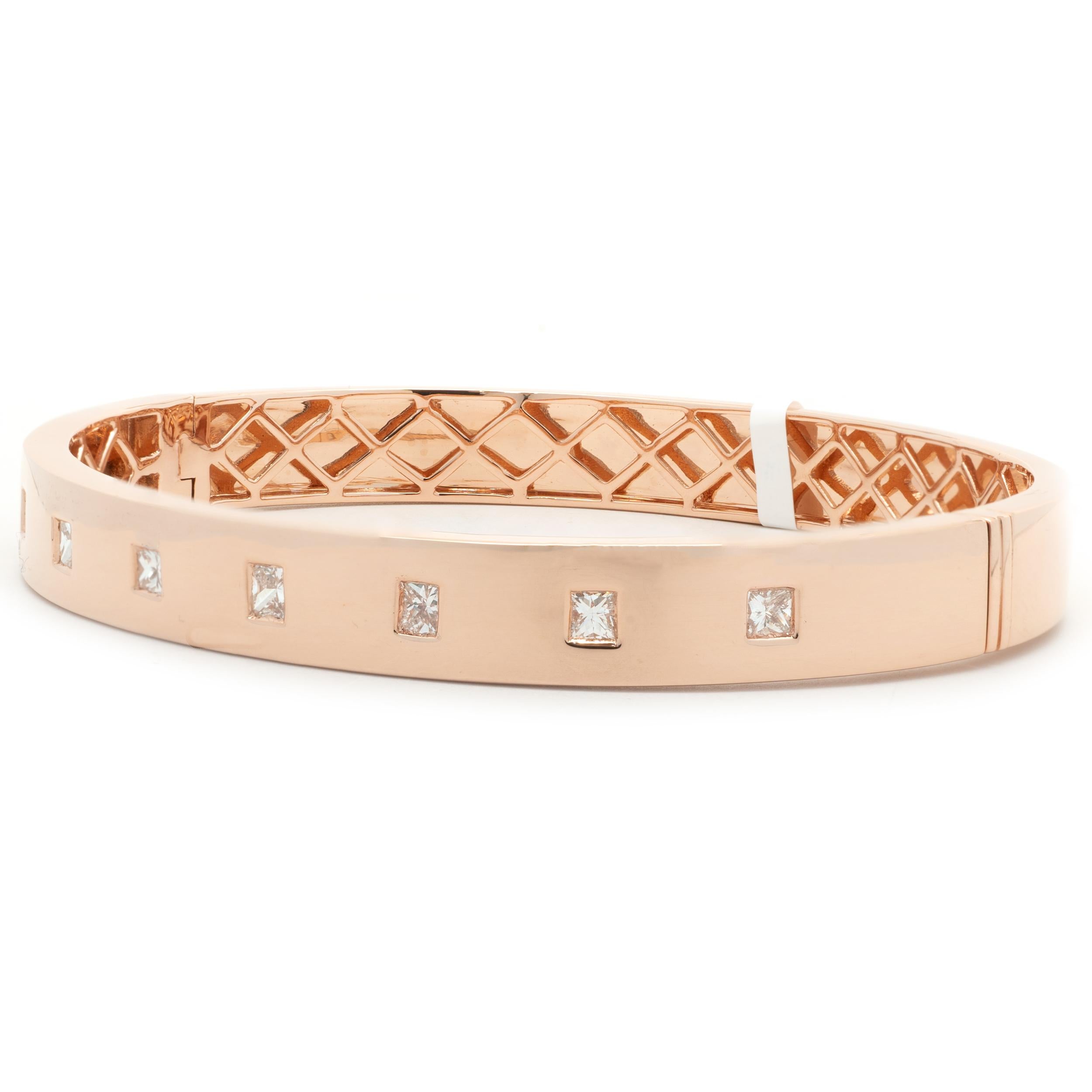 Designer: custom
Material: 18K rose gold
Diamonds: 8 princess cut = 1.30cttw
Color: G
Clarity: VS2
Dimensions: bracelet will fit up to a 7-inch wrist
Weight: 21.28 grams

